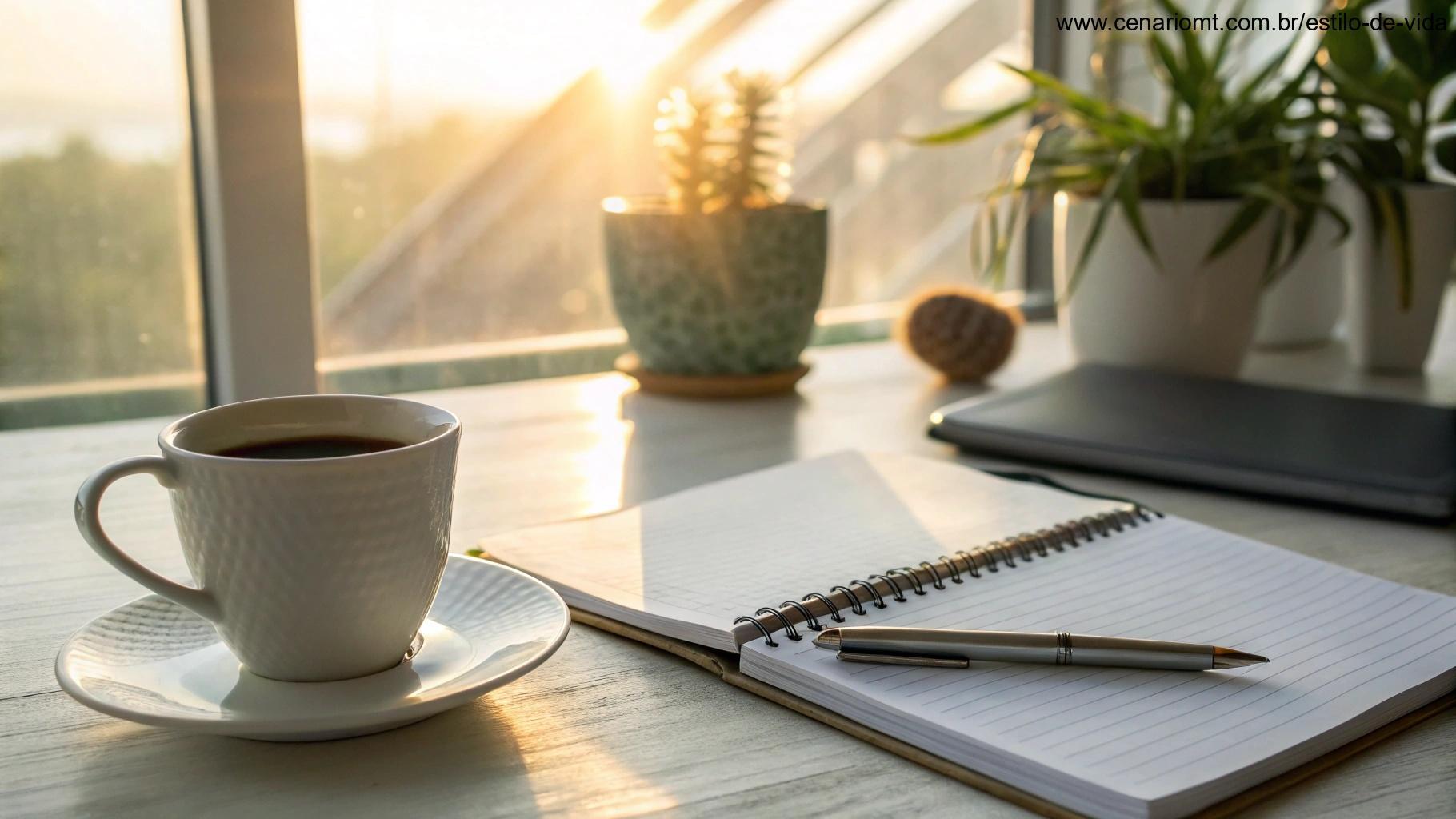Café em uma mesa com um caderno e caneta, rodeado por frases motivacionais e luz suave da manhã, criando uma atmosfera de positividade e foco para a semana.