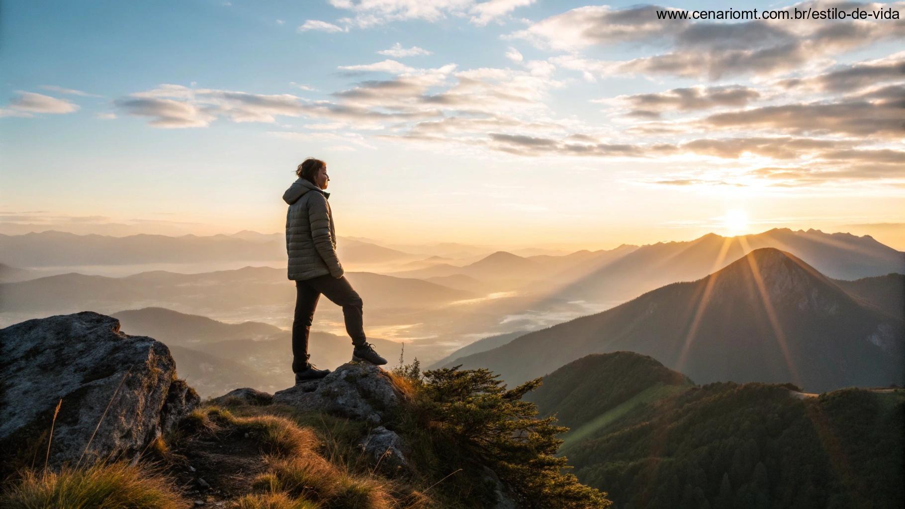 Pessoa no topo de uma montanha ao amanhecer, cheia de motivação para o novo dia.