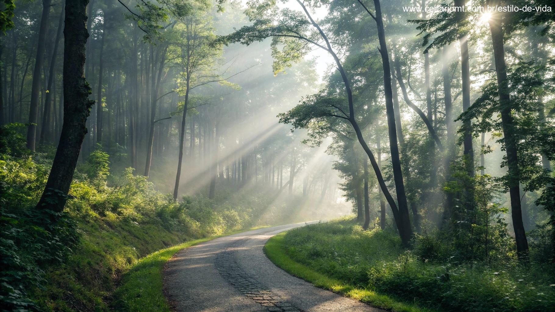 Caminho sinuoso através de uma floresta nebulosa, com raios de sol filtrando pelas árvores, criando uma atmosfera mágica