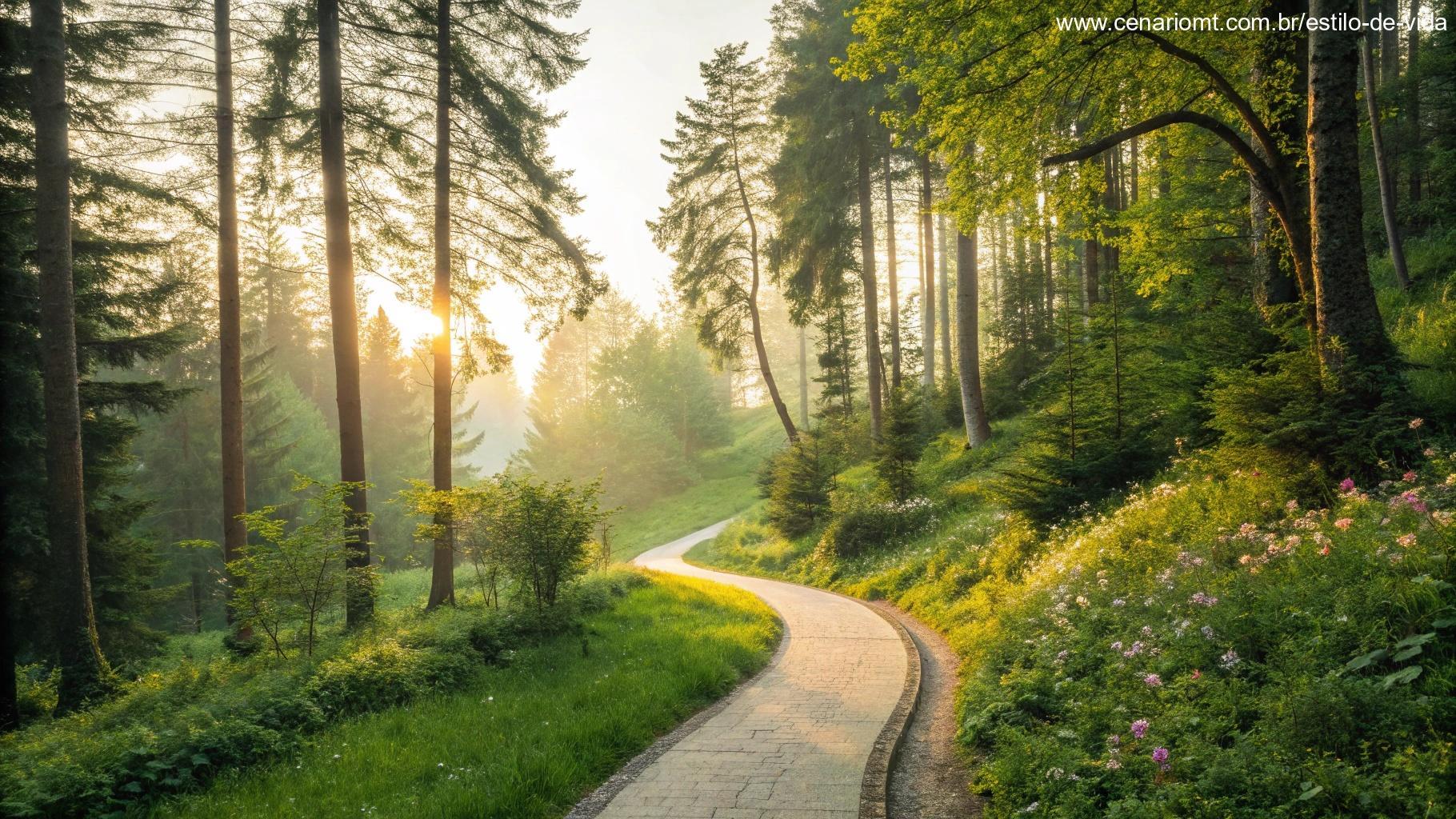 Um caminho sinuoso através de uma floresta vibrante com a luz do sol filtrando pelas árvores, simbolizando novos começos e motivação