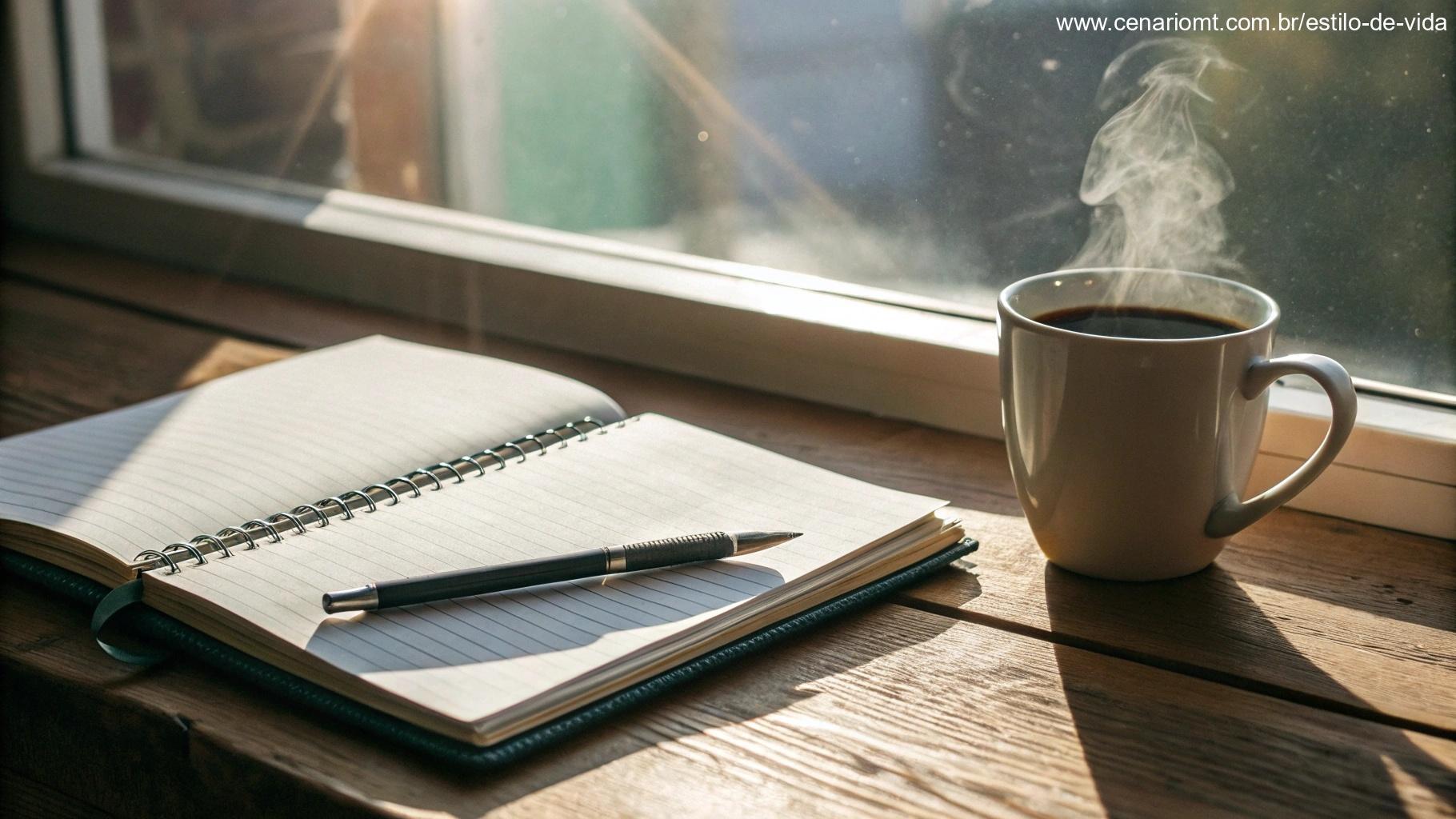 Imagem de um caderno aberto com uma xícara de café fumegante sobre uma mesa de madeira, com luz do sol entrando pela janela.