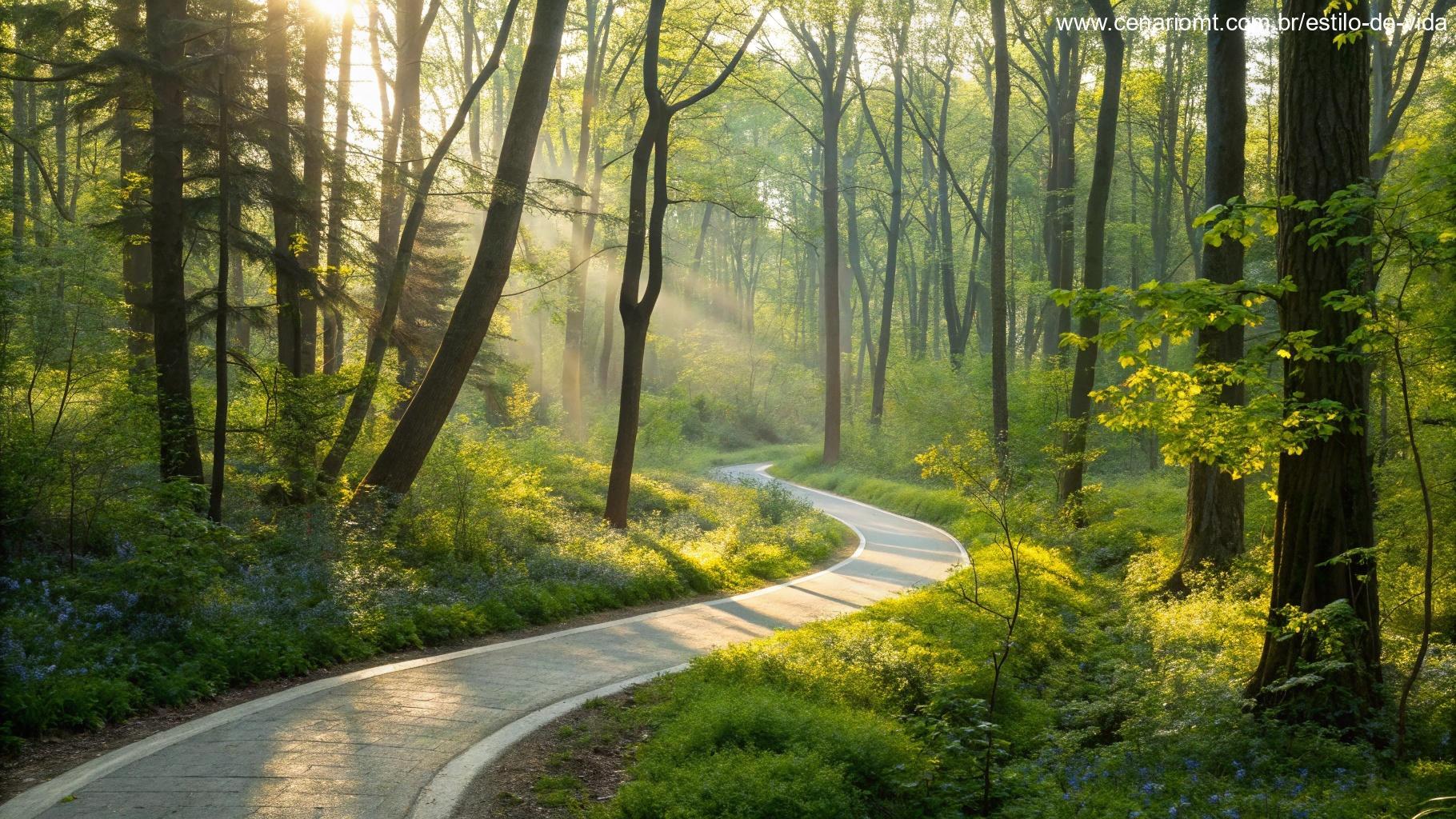 Caminho sinuoso em uma floresta vibrante com raios de sol passando pelas árvores