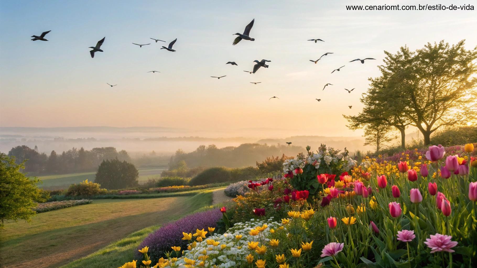 Imagem de uma manhã alegre com flores coloridas, pássaros no céu e um céu azul claro e calmo, simbolizando positividade e bênçãos para a semana.