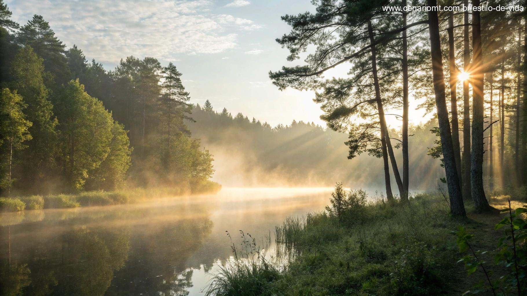 Raios de sol iluminando uma floresta com névoa sobre um lago tranquilo.