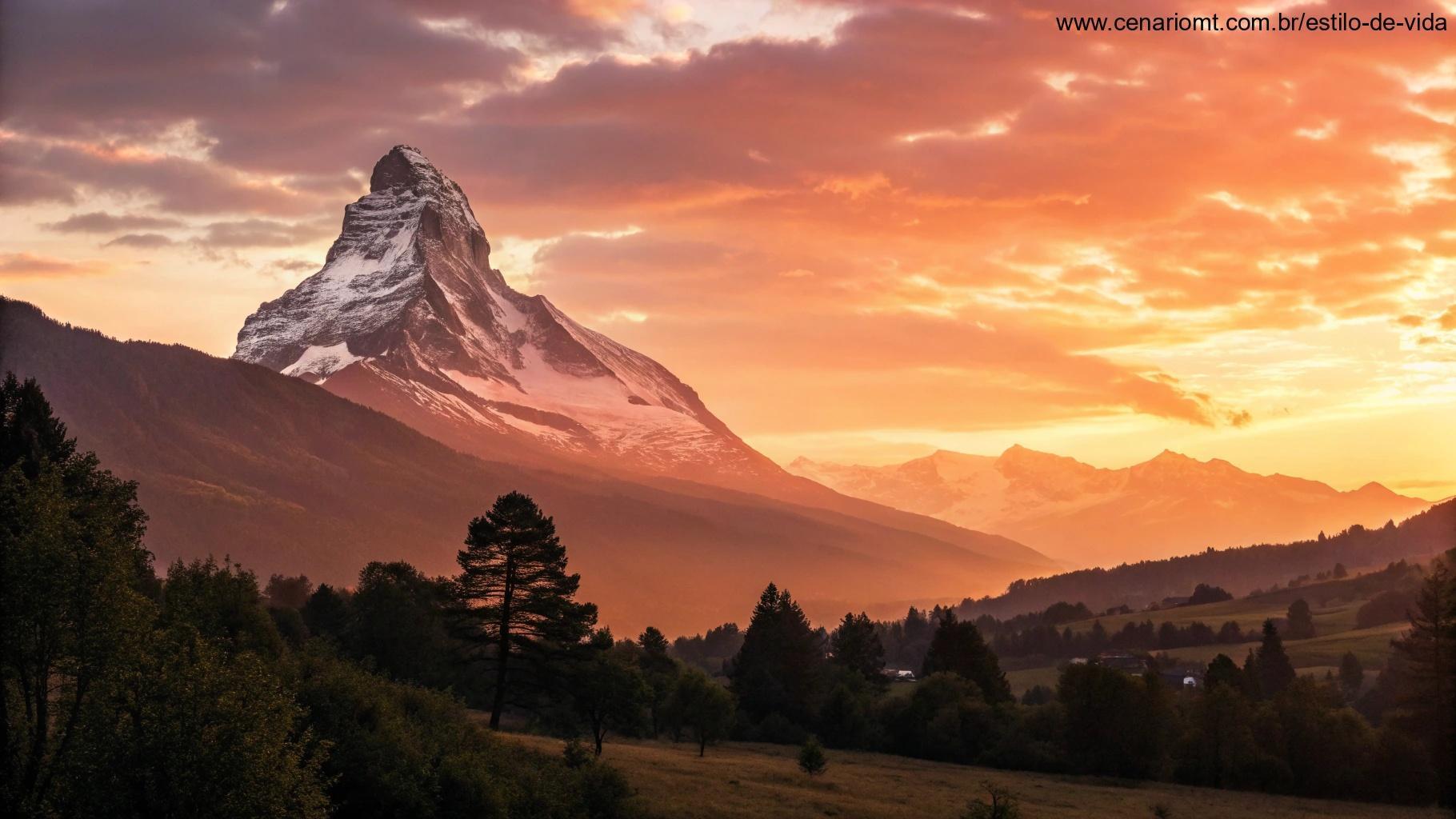 Imagem de um nascer do sol brilhante sobre montanhas com uma frase motivacional escrita no céu.