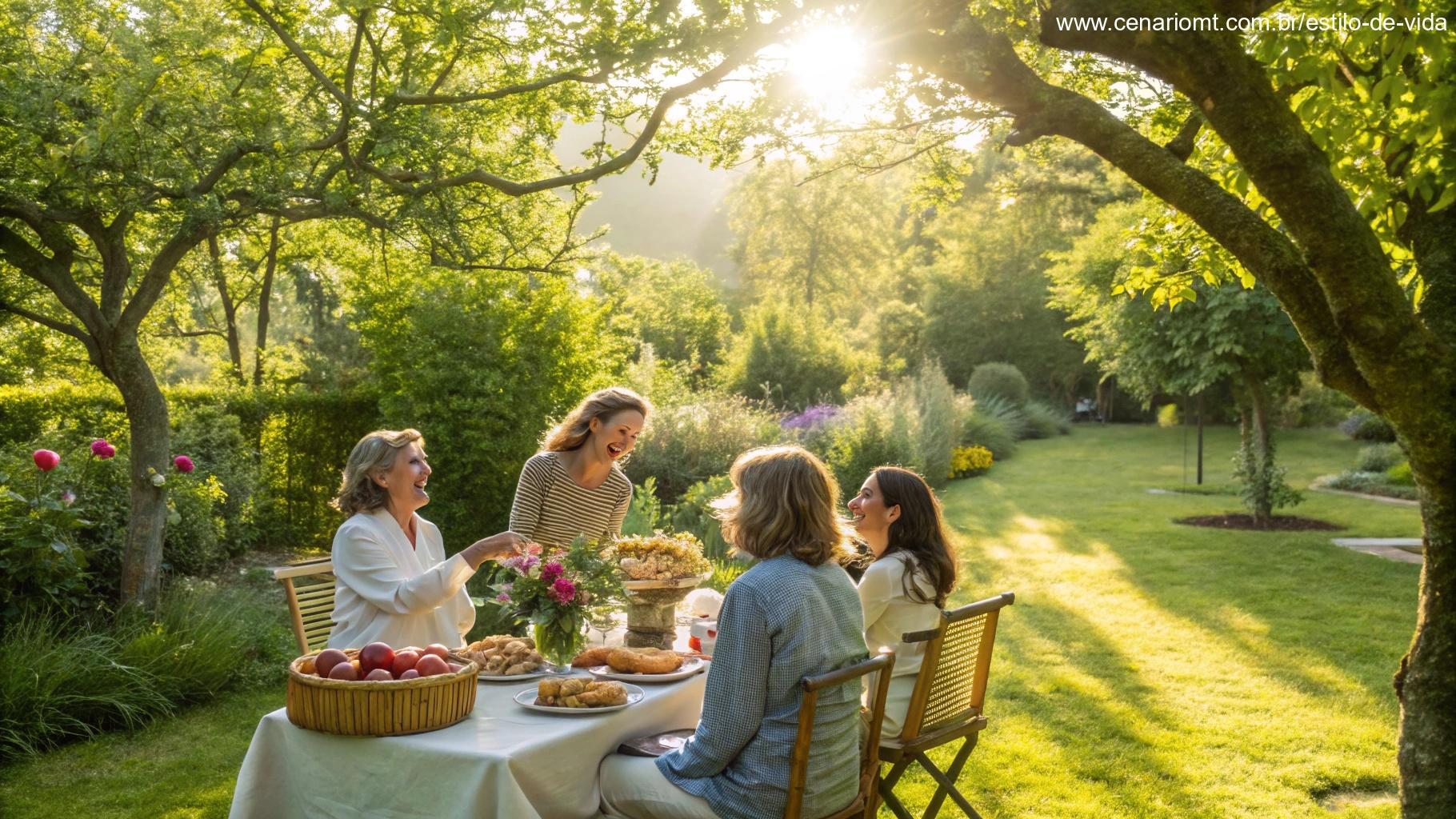 Amigos e família reunidos em um jardim, aproveitando um domingo ensolarado.