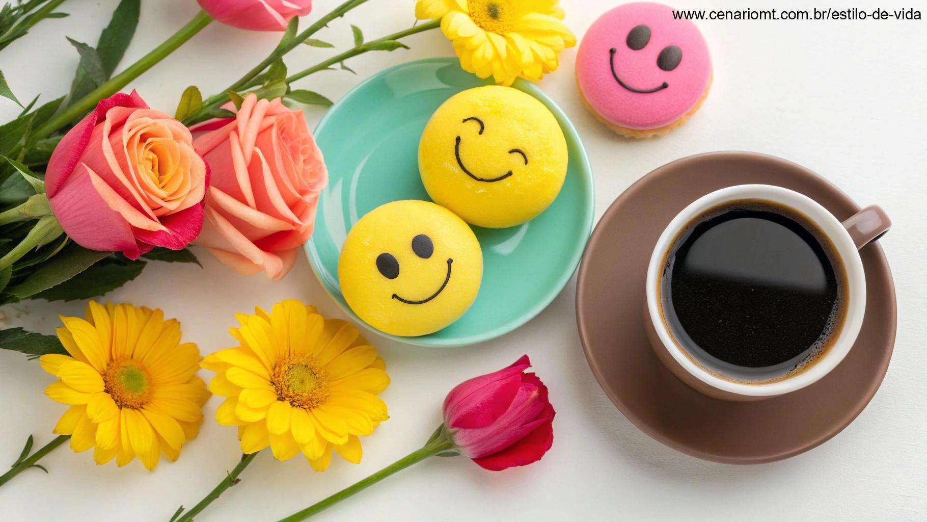Uma coleção de elementos coloridos e alegres, como xícaras de café, flores e cores vibrantes, representando um humor positivo e estimulante para compartilhar no WhatsApp.