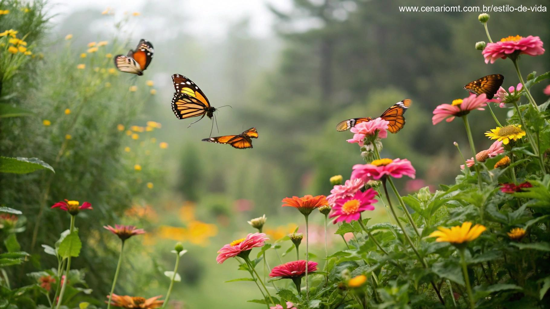 Um grupo de borboletas coloridas voando ao redor de flores vibrantes, criando uma atmosfera de amor, carinho e positividade para o dia.