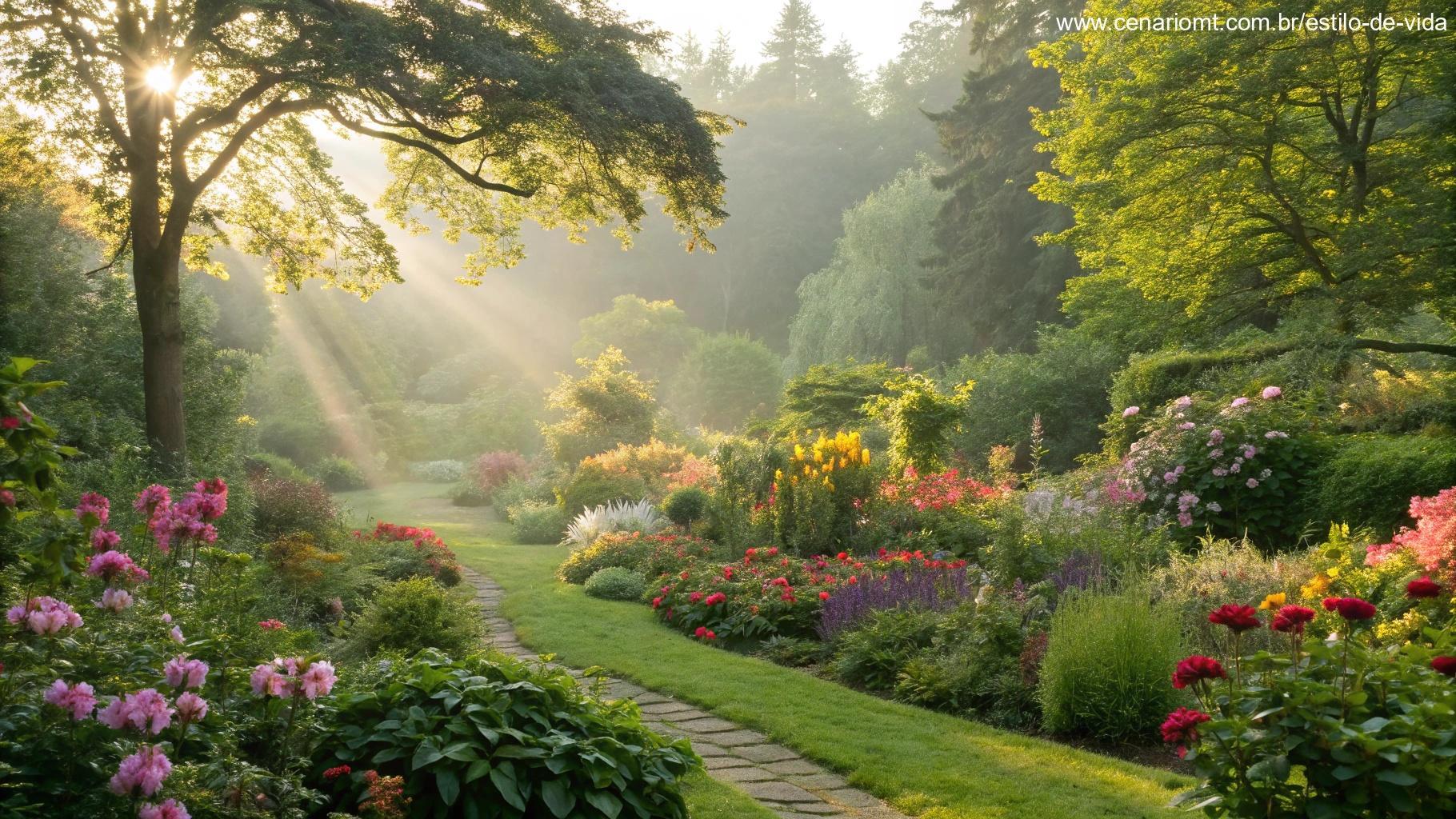 Jardim exuberante com flores coloridas e luz suave da manhã, simbolizando um sábado abençoado.