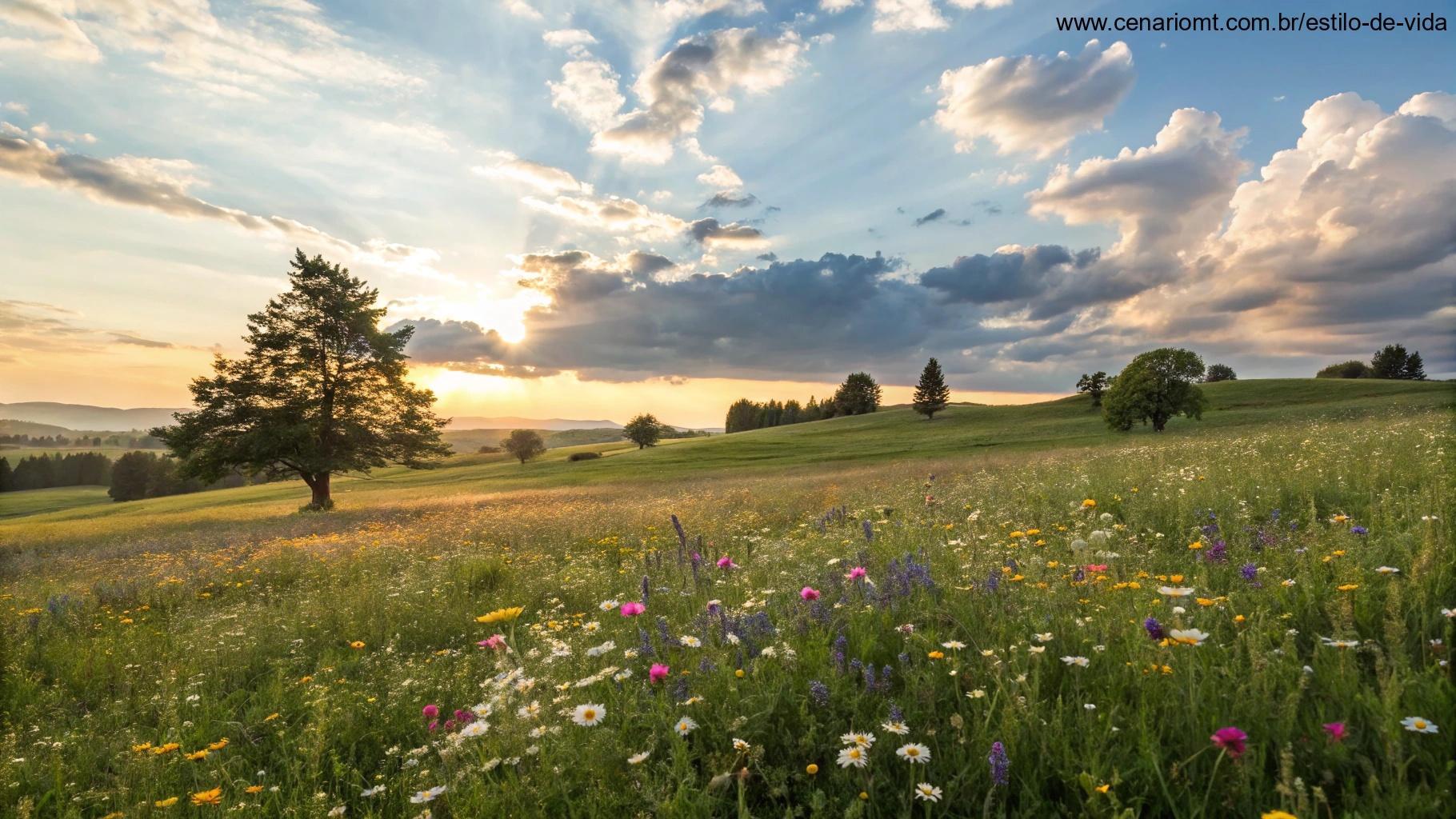 Cena de uma tarde ensolarada com nuvens suaves, destacando um campo tranquilo com flores silvestres, representando luz e positividade.