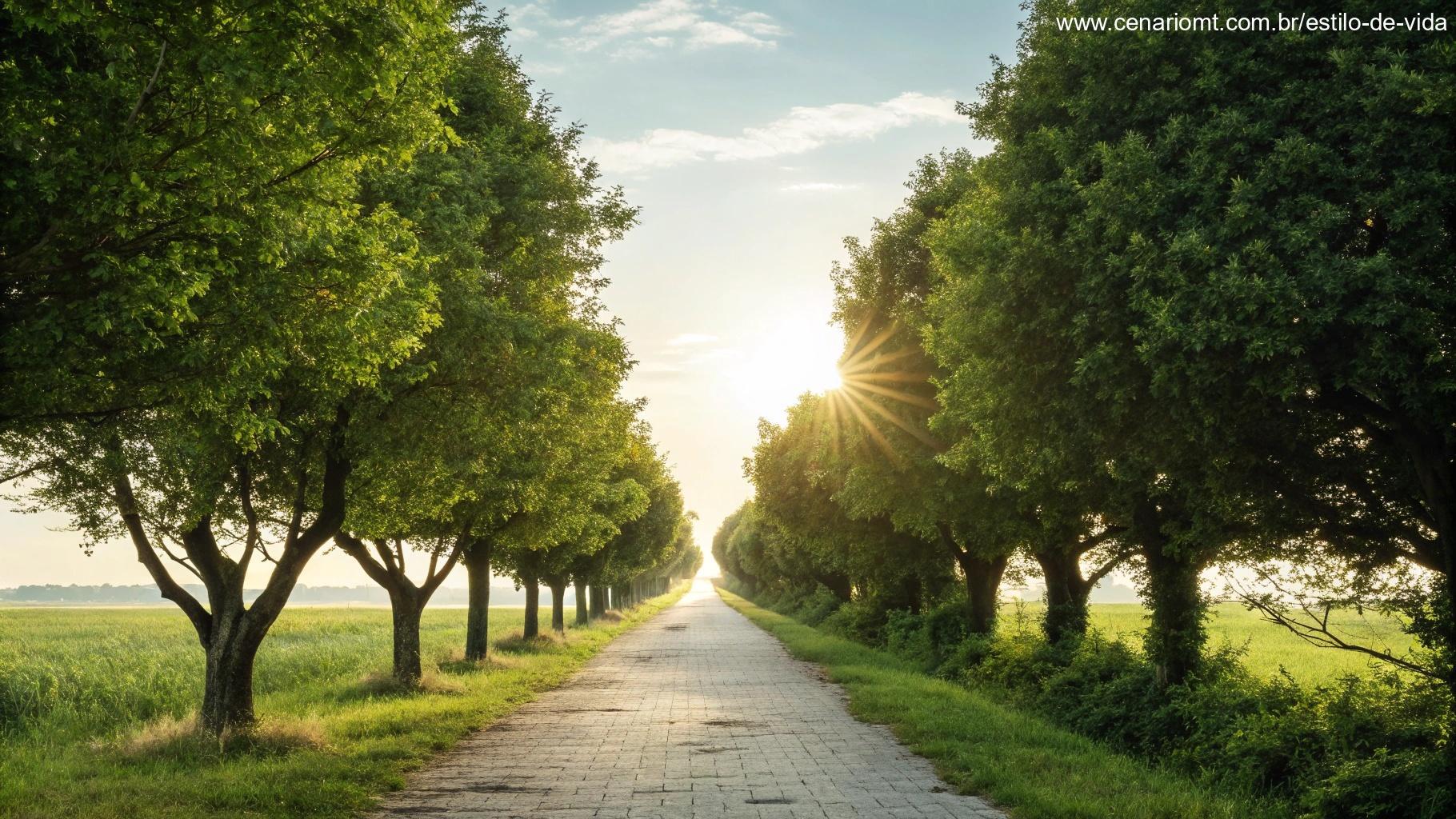 Uma trilha cercada por árvores verdes exuberantes, levando para um horizonte iluminado pelo sol, simbolizando clareza e direção.