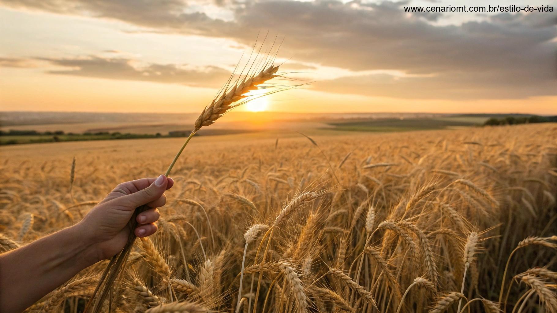Campo de trigo ao pôr do sol com um grão na mão, simbolizando frutificação pelo sacrifício.