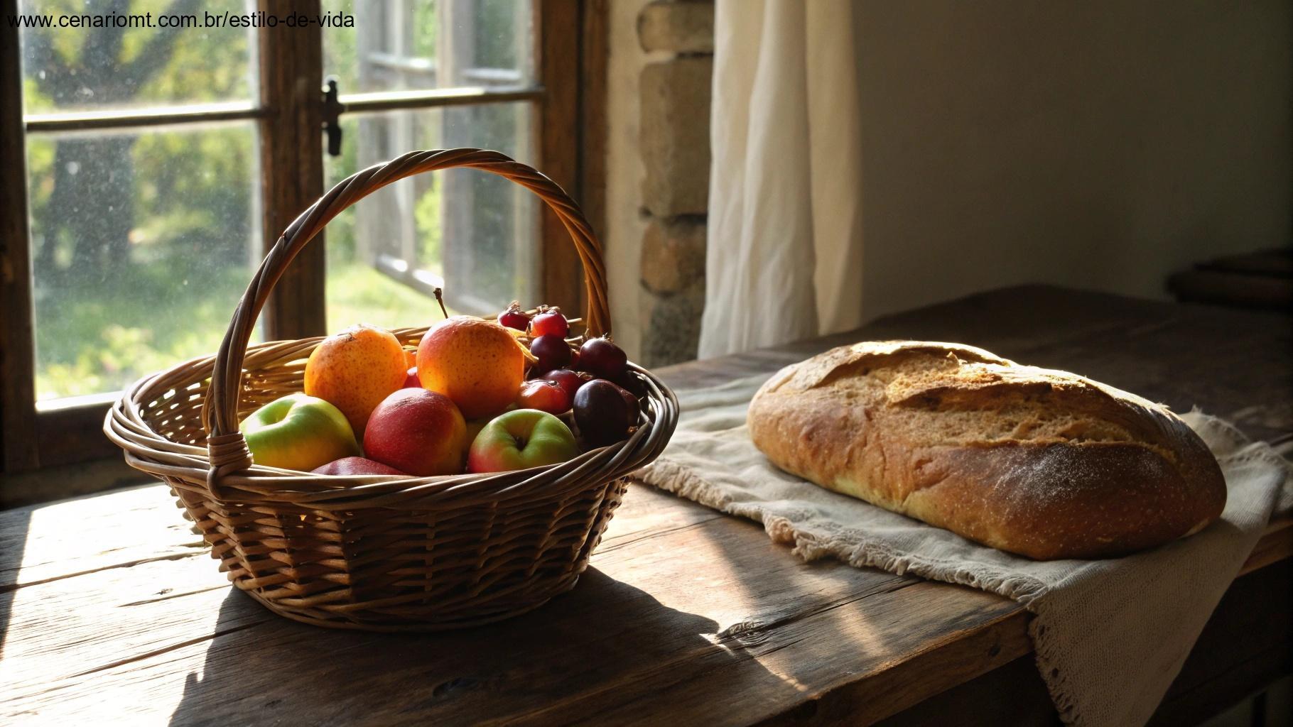 Uma cesta transbordando de frutas maduras e pão fresco em uma mesa rústica de madeira com luz matinal entrando pela janela