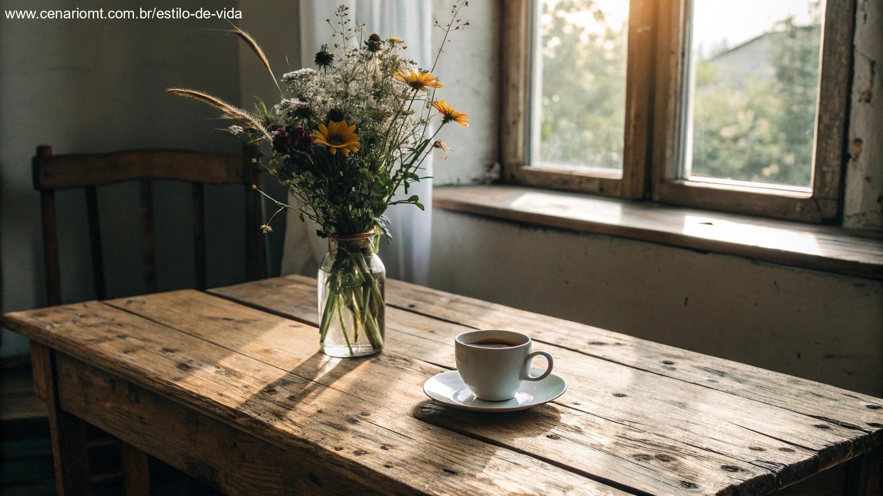 Mesa de madeira rústica com xícara de café e flores silvestres em um vaso