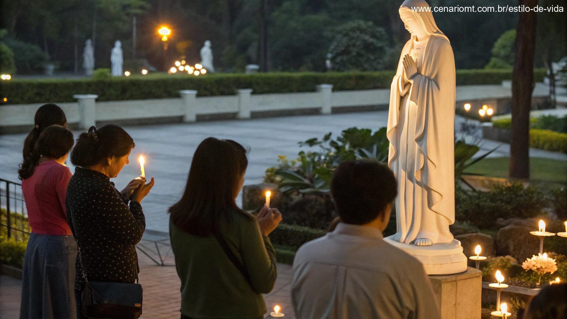 Grupo de pessoas reunidas ao redor de uma estátua de santo, com velas nas mãos, rezando e refletindo.