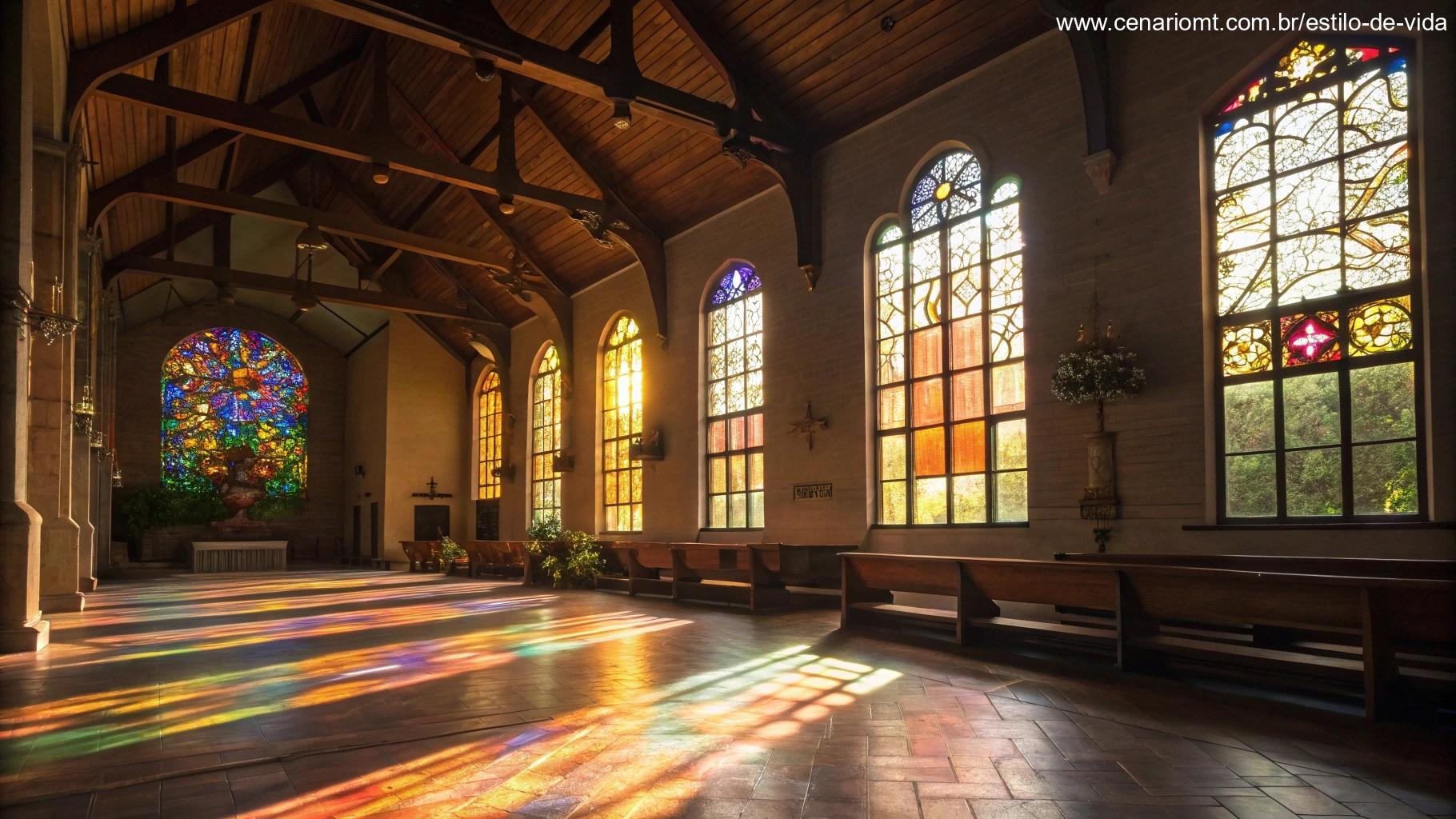 Interior de uma igreja com vitrais e luz suave entrando.