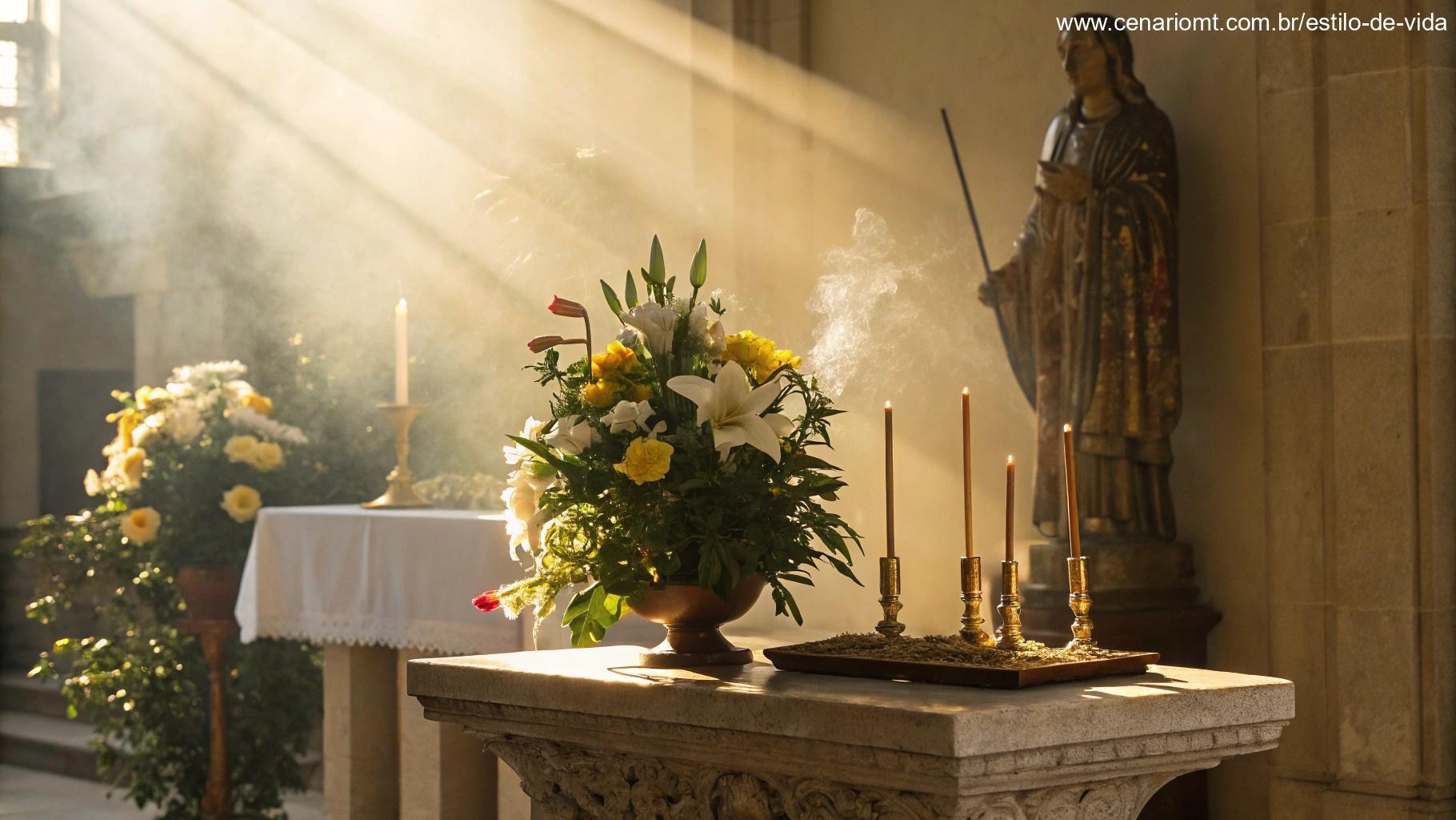 Altar dedicado a um santo, com flores, incenso e luz dourada suave, simbolizando a importância de celebrar os santos na fé.
