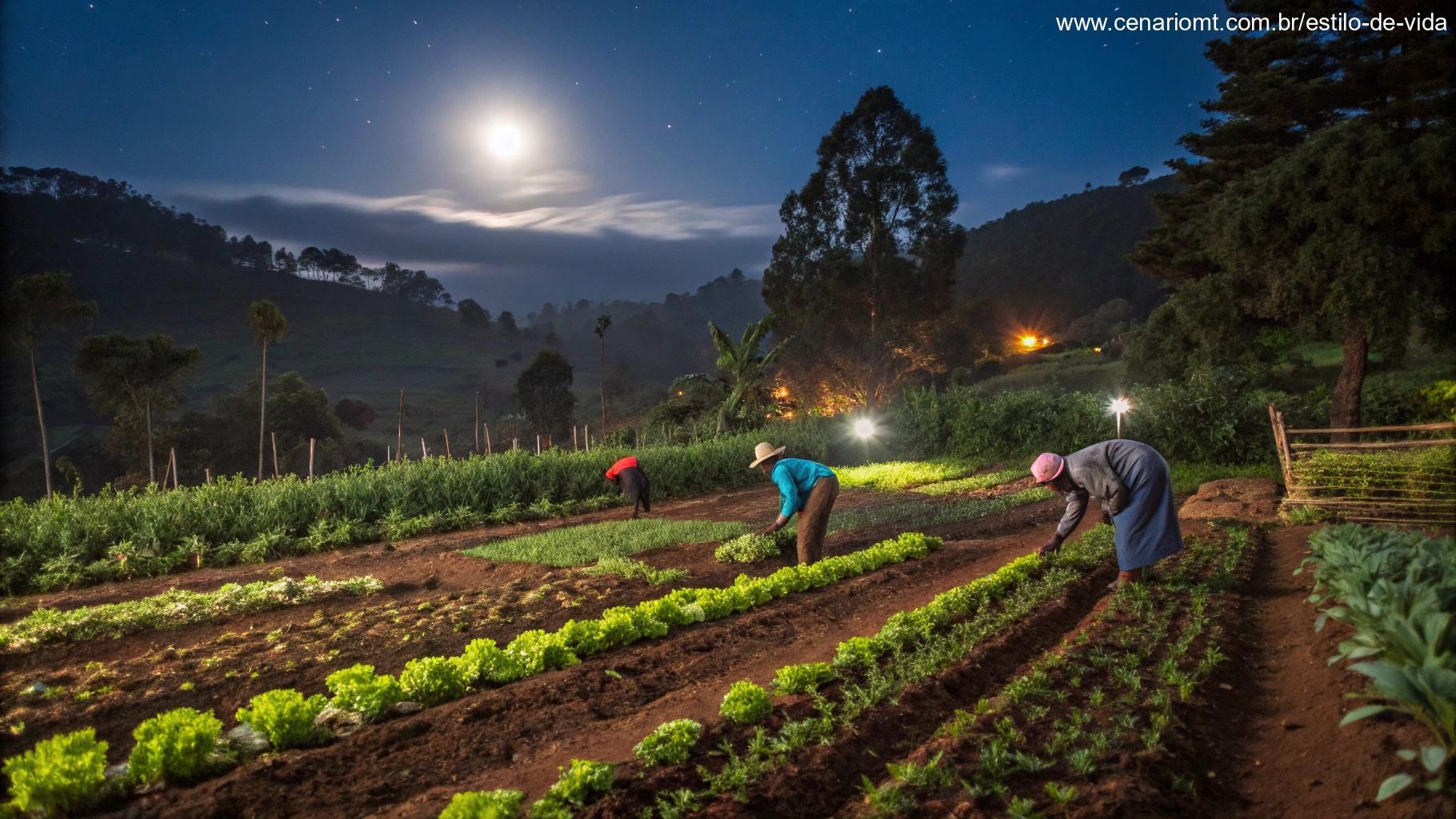 Cena vibrante de um jardim exuberante à noite, influenciado pela fase da Lua.