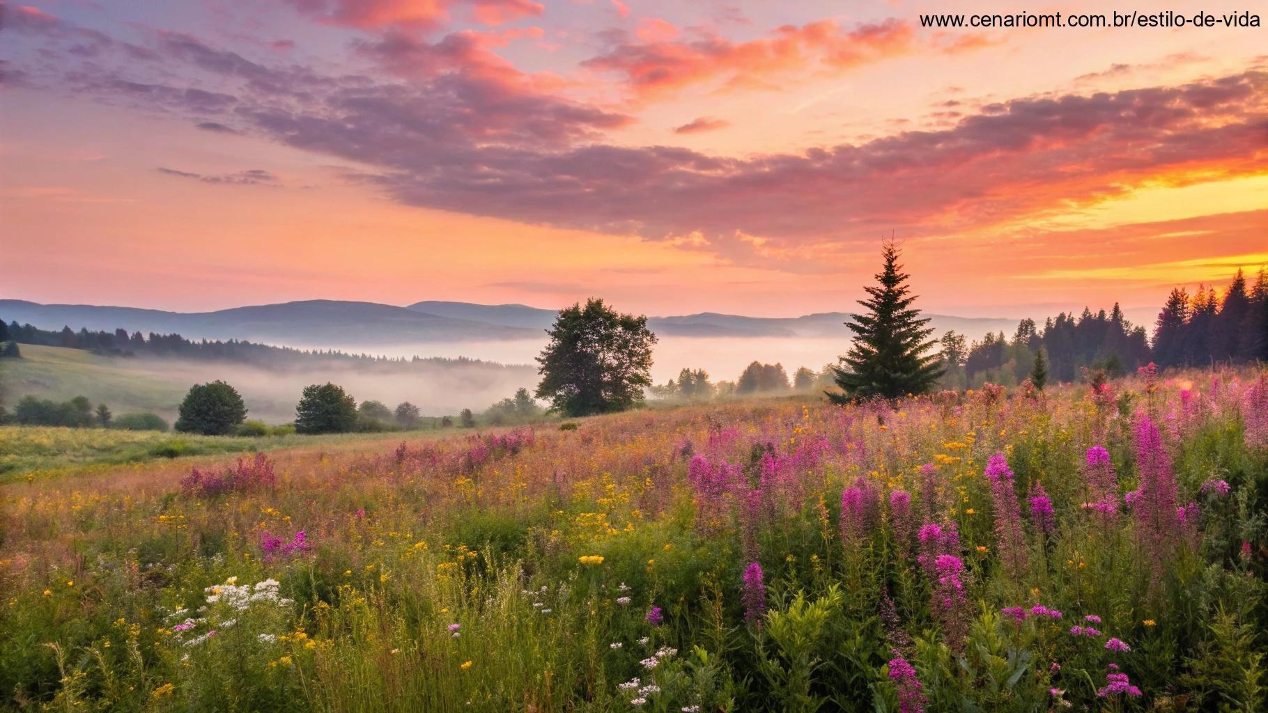 Pôr do sol vibrante sobre um campo com flores silvestres em flor. Céu com tons de rosa, laranja e roxo.