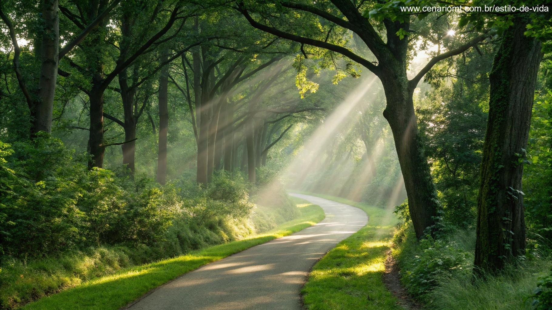 Caminho sinuoso através de uma floresta verdejante, com raios de sol atravessando as árvores, evocando orientação e inspiração para a semana.