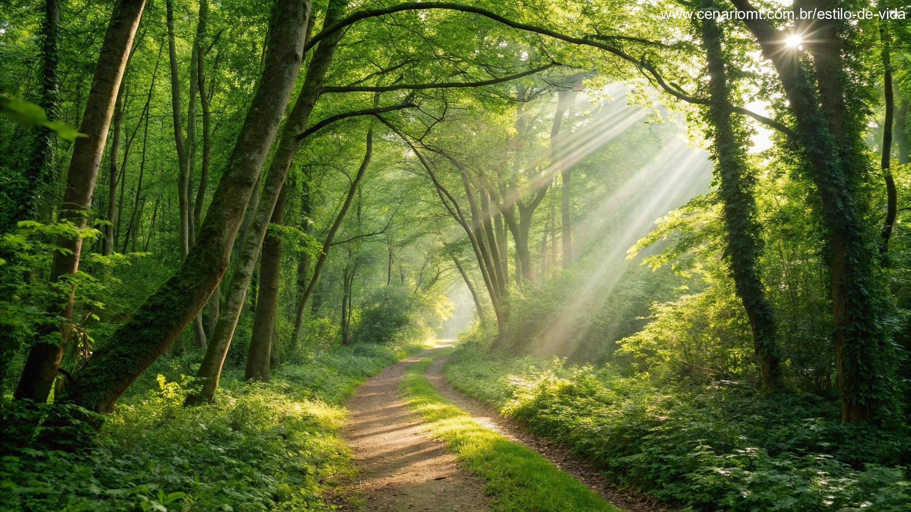 Caminho em uma floresta verdejante com raios de sol atravessando as árvores