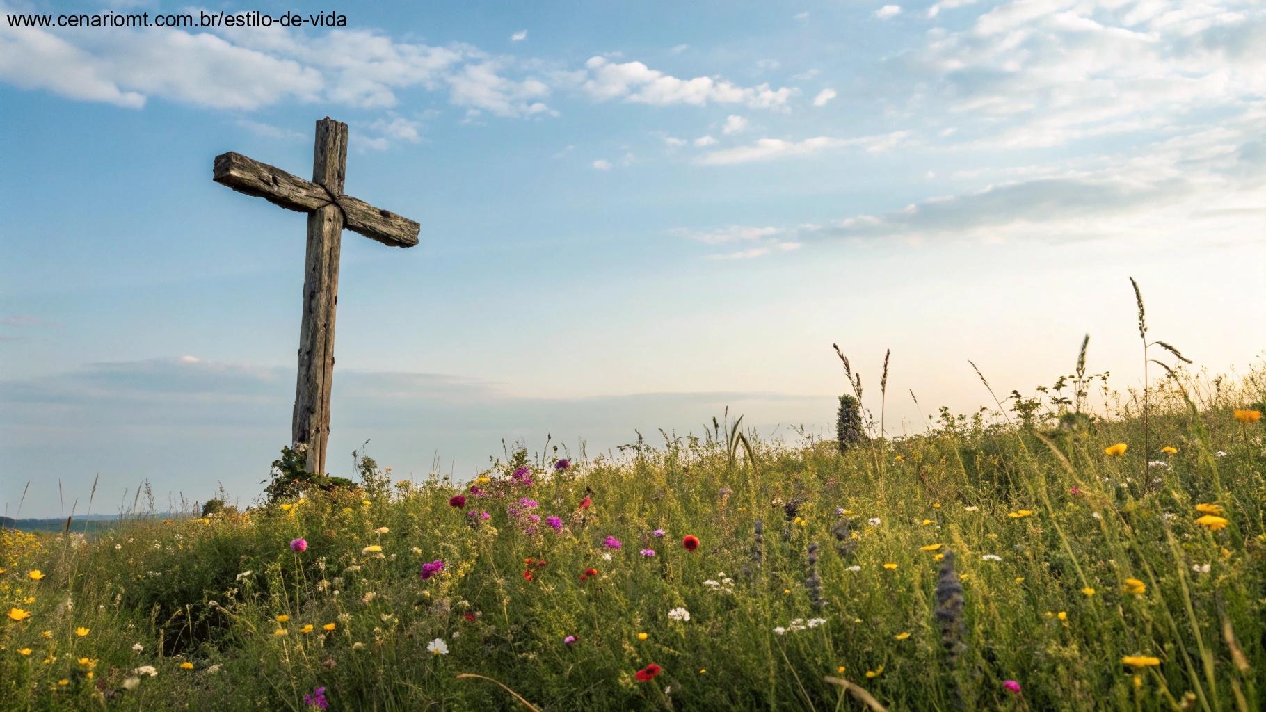Cruz de madeira rústica em um campo de flores silvestres sob um céu azul claro