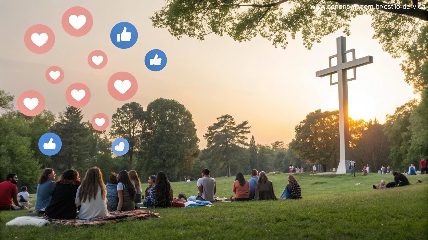 Uma interface vibrante de mídia social com ícones de corações, compartilhamentos e curtidas, sobreposta a um fundo de uma cruz brilhante e uma comunidade tranquila reunida em um parque