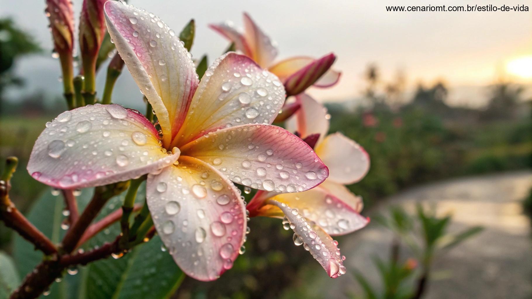 Um close-up de uma flor desabrochando com gotas de orvalho em suas pétalas, com um fundo desfocado de um jardim
