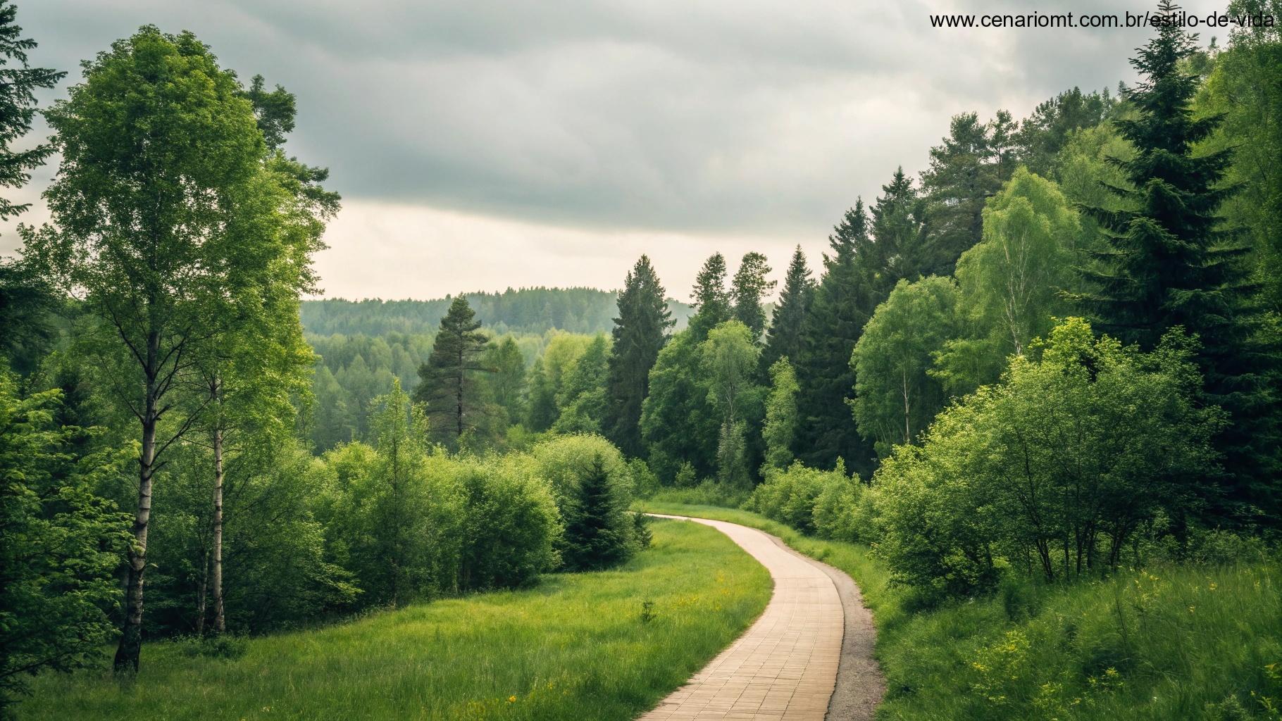 Imagem inspiradora de um caminho que leva a uma floresta iluminada e tranquila, simbolizando orientação e positividade para o dia que está por vir.