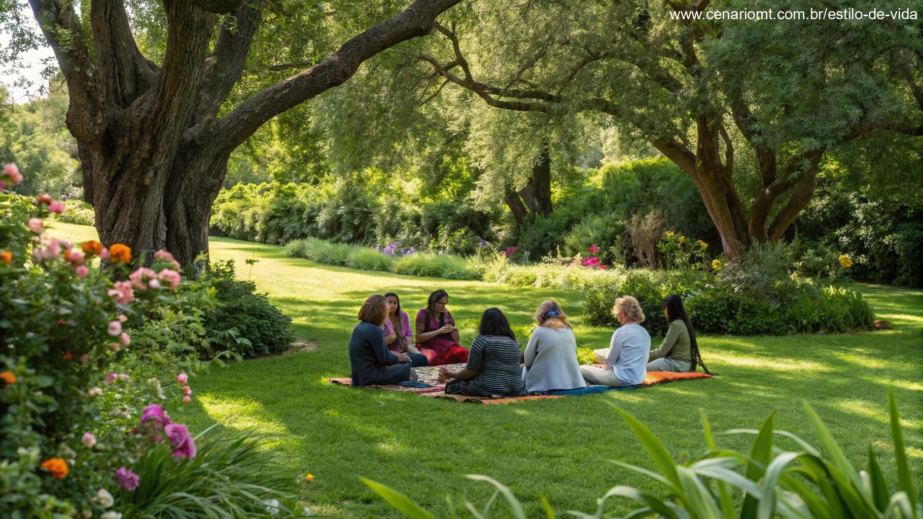 Um grupo de pessoas reunidas em um jardim bonito, conversando tranquilamente sob a sombra de grandes árvores, transmitindo uma sensação de comunidade e conexão espiritual.