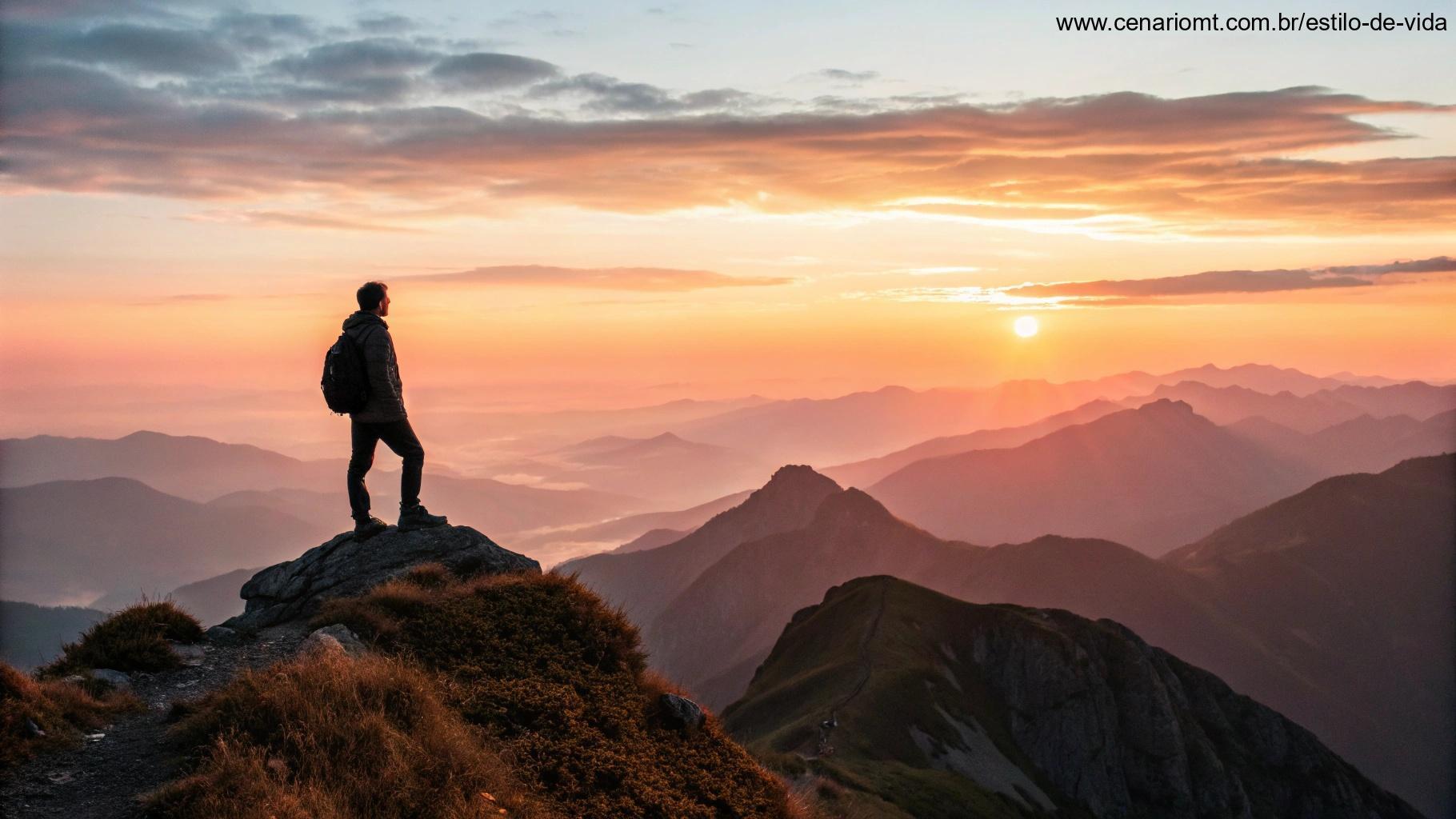 Imagem motivacional de uma pessoa no topo de uma montanha, olhando o vasto horizonte com o sol nascendo ao fundo, simbolizando fé e inspiração.