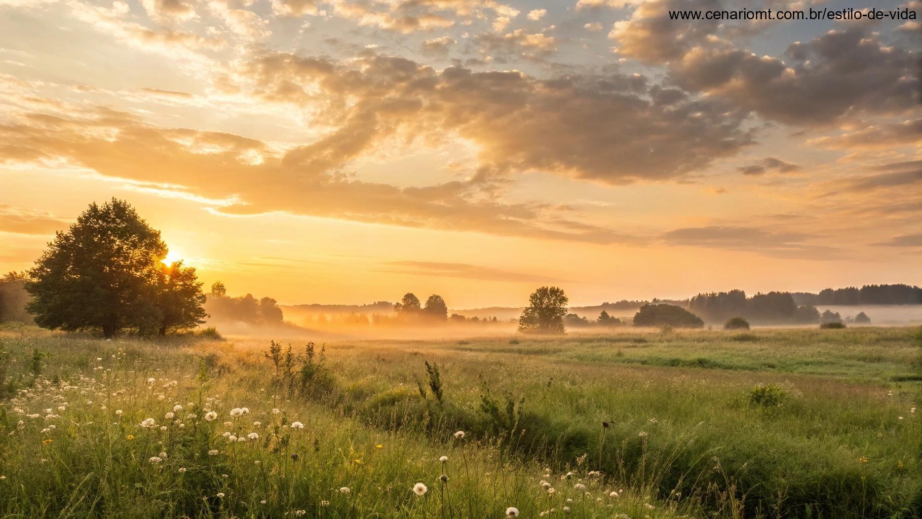 Um amanhecer calmo e inspirador sobre um campo tranquilo, com tons dourados suaves no céu, convidando a um sentido de paz e alegria para começar o dia com uma mentalidade positiva.