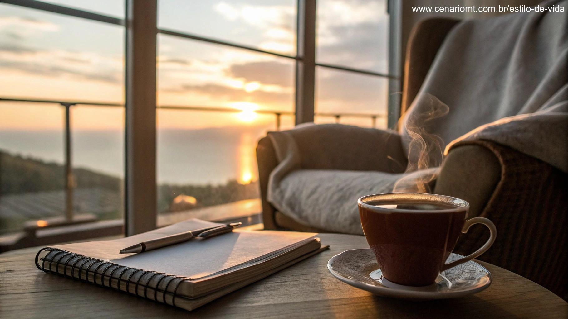 Cena acolhedora de interior com uma vista do amanhecer e uma xícara de chá sobre uma mesa ao lado de um caderno e caneta.