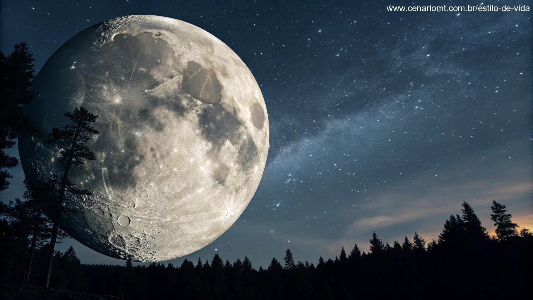 Imagem da Lua na fase Gibosa Crescente, mostrando a superfície detalhada com sombras criando um efeito 3D, rodeada por um céu escuro cheio de estrelas.