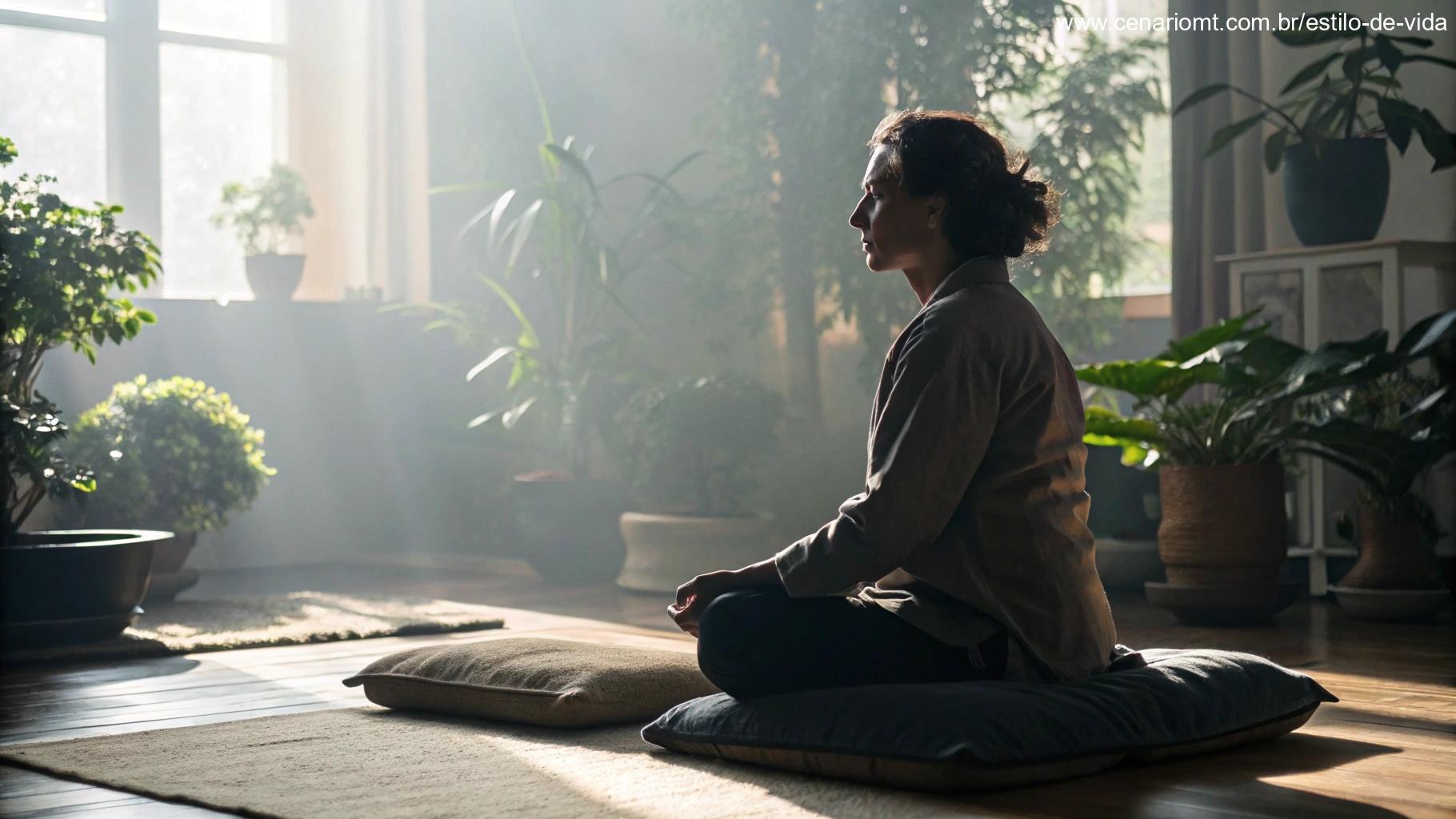Momento pacífico com uma pessoa meditando em uma sala tranquila, rodeada de elementos naturais como plantas e luz solar.