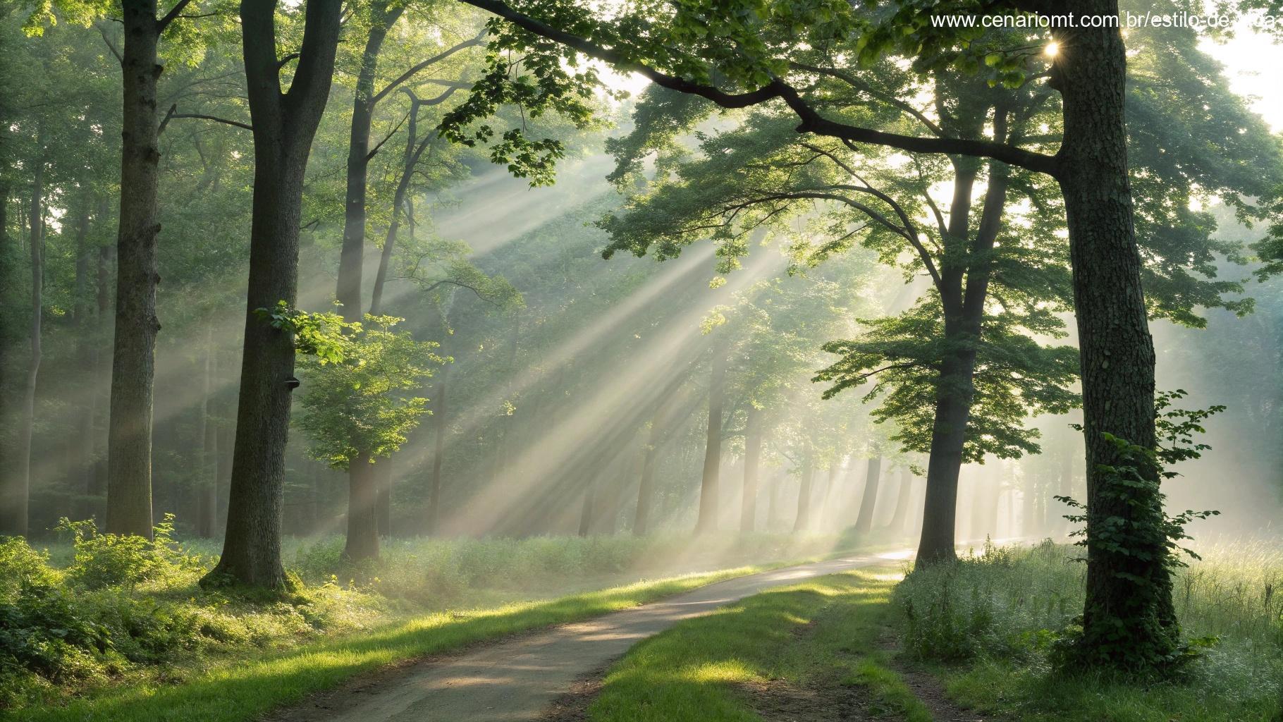 Introdução ao Dia em uma floresta calma com luz suave filtrada pelas árvores