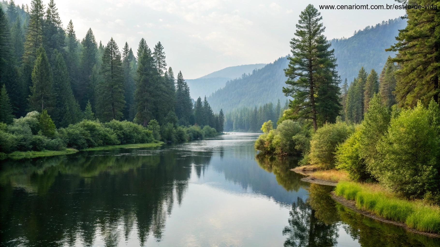 Vista serena de um rio calmo cercado por vegetação exuberante e árvores, simbolizando paz e reflexão, perfeito para um momento de oração e contemplação no Dia da Mulher.