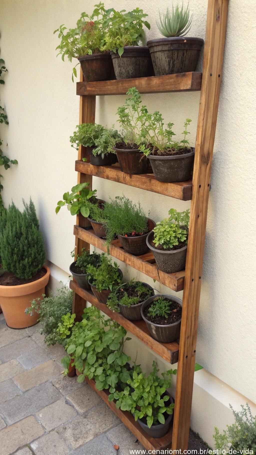 Jardim vertical com vários níveis de vasos de temperos.