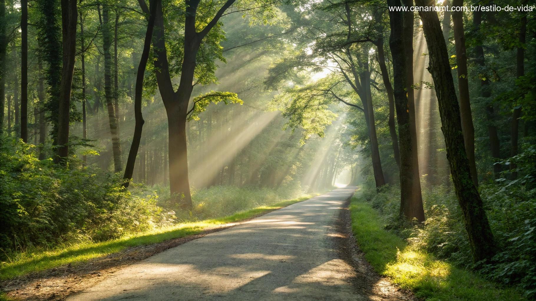 Caminho tranquilo na floresta com a luz do sol filtrando através das árvores, convidando para uma caminhada de reflexão e crescimento espiritual.