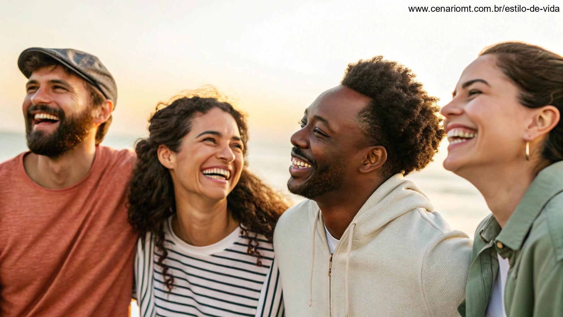 Imagem alegre de um grupo de pessoas compartilhando pensamentos positivos e sorrisos, simbolizando a reflexão e a gentileza para com os outros.