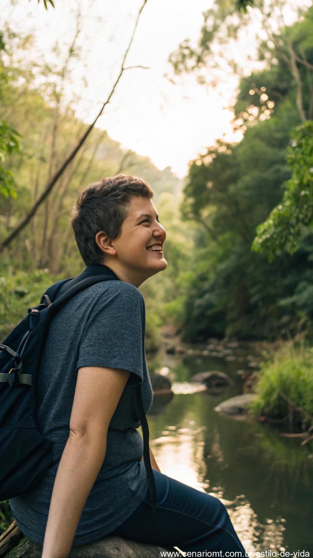 Liberdade e praticidade, uma pessoa com cabelo curto aproveitando um estilo de vida ativo ao ar livre, vestindo roupas casuais e sorrindo, em um ambiente cheio de natureza.