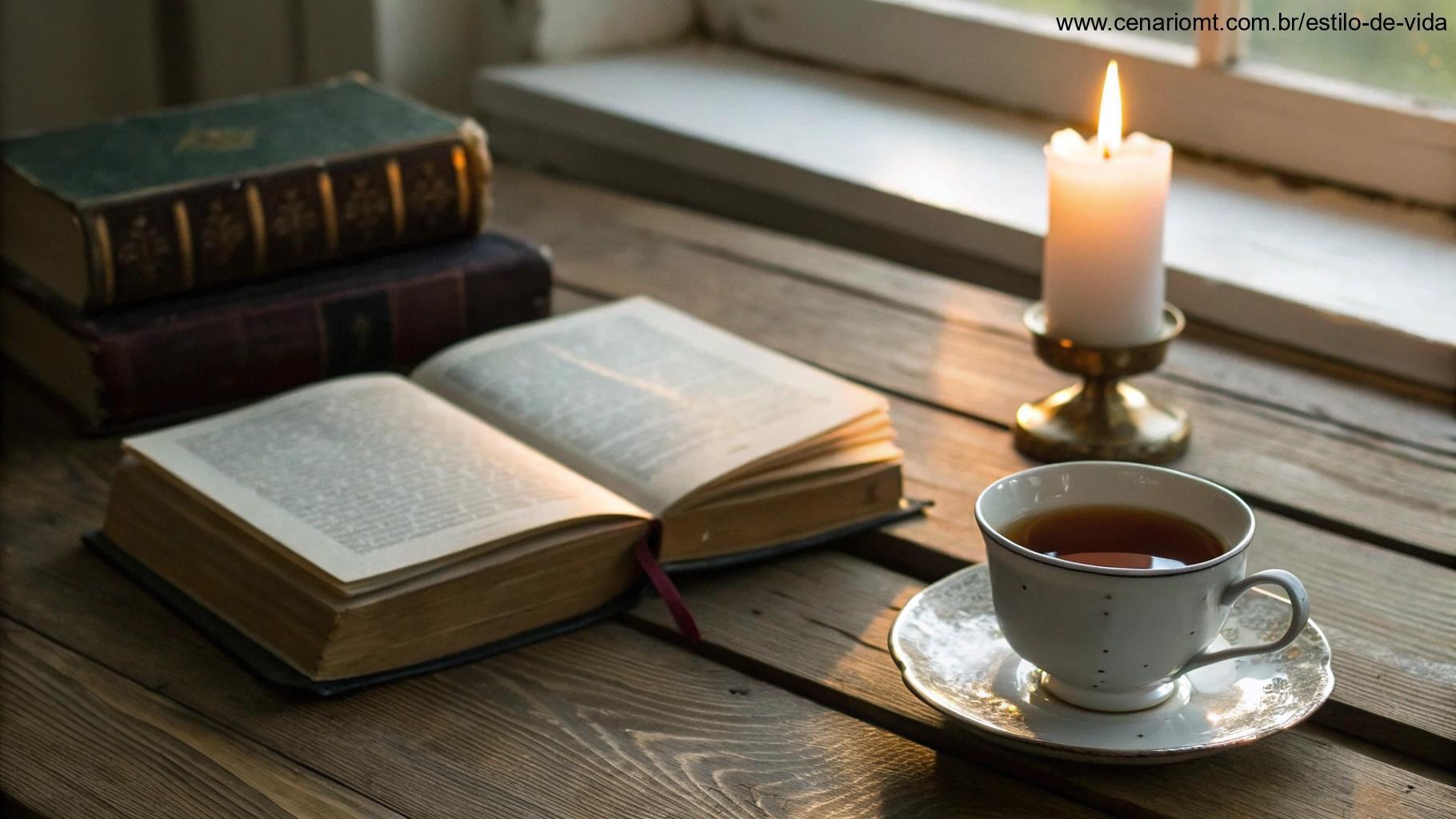 Livros religiosos, chá e vela sobre uma mesa de madeira, criando um ambiente de reflexão.