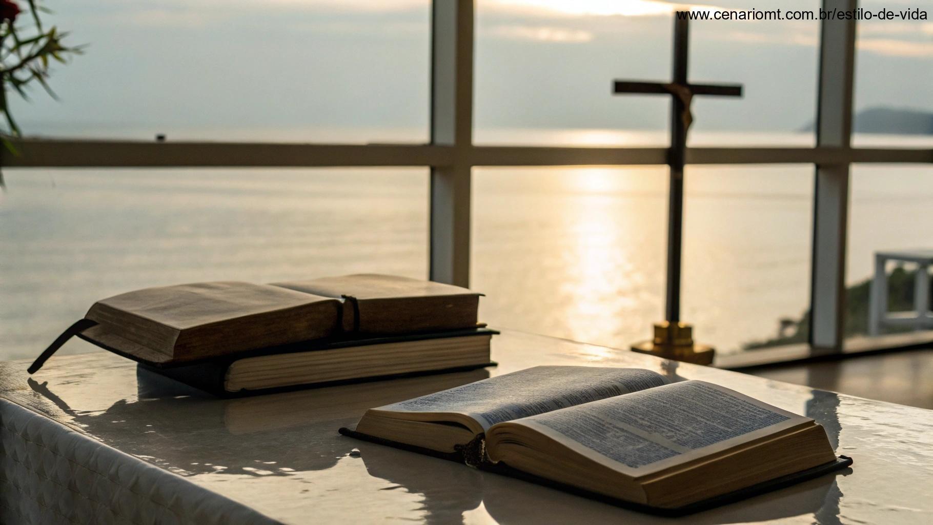 Uma coleção de livros religiosos, um ambiente pacífico com iluminação suave e um símbolo de cruz na mesa, representando links importantes para aprofundar a fé.