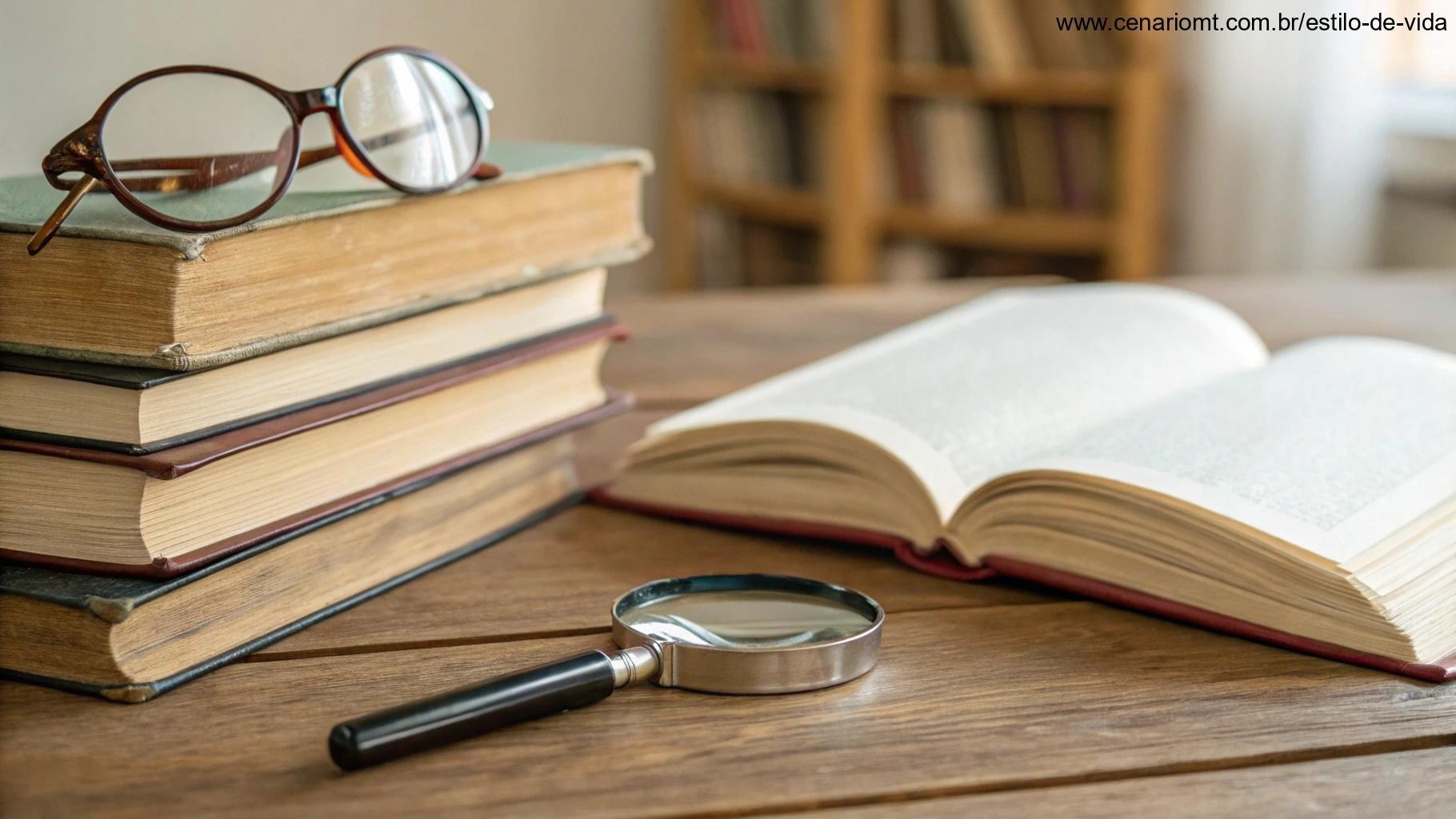 Pilha de livros com páginas destacadas, uma lupa e um par de óculos em uma mesa de madeira, com um fundo suave de uma biblioteca