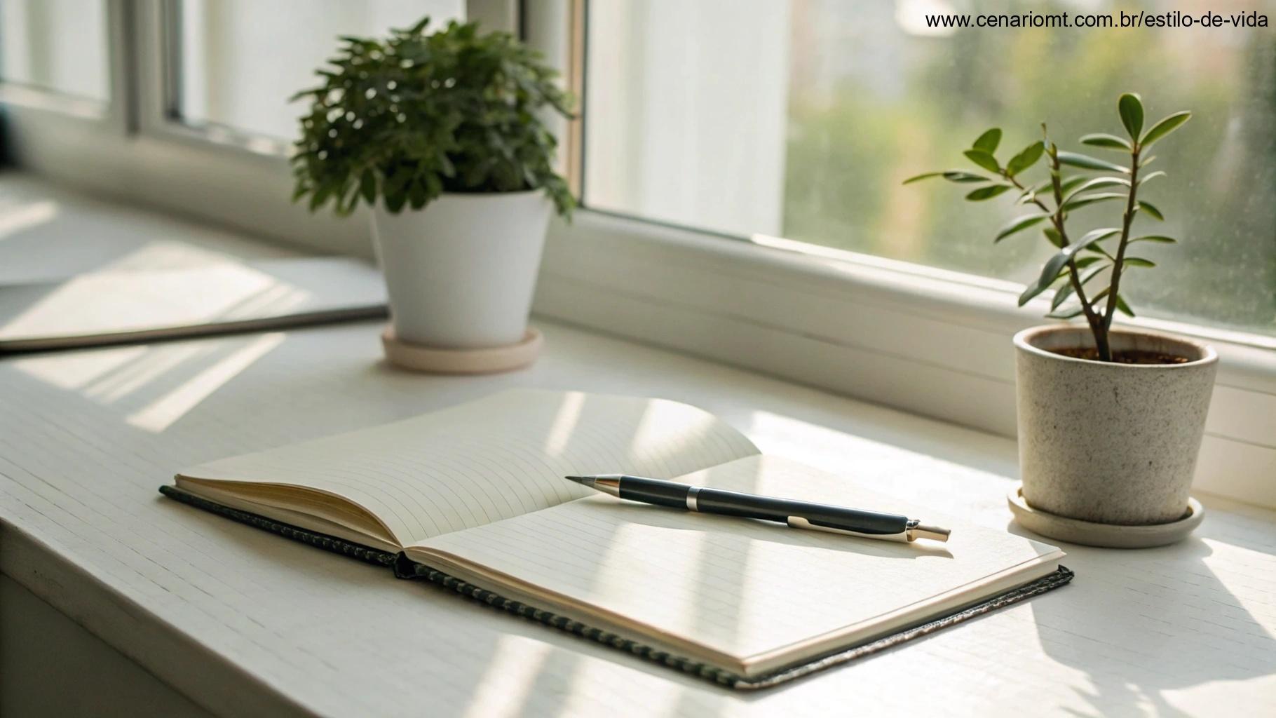 Imagem de uma mesa de trabalho com um caderno e uma planta, simbolizando produtividade.