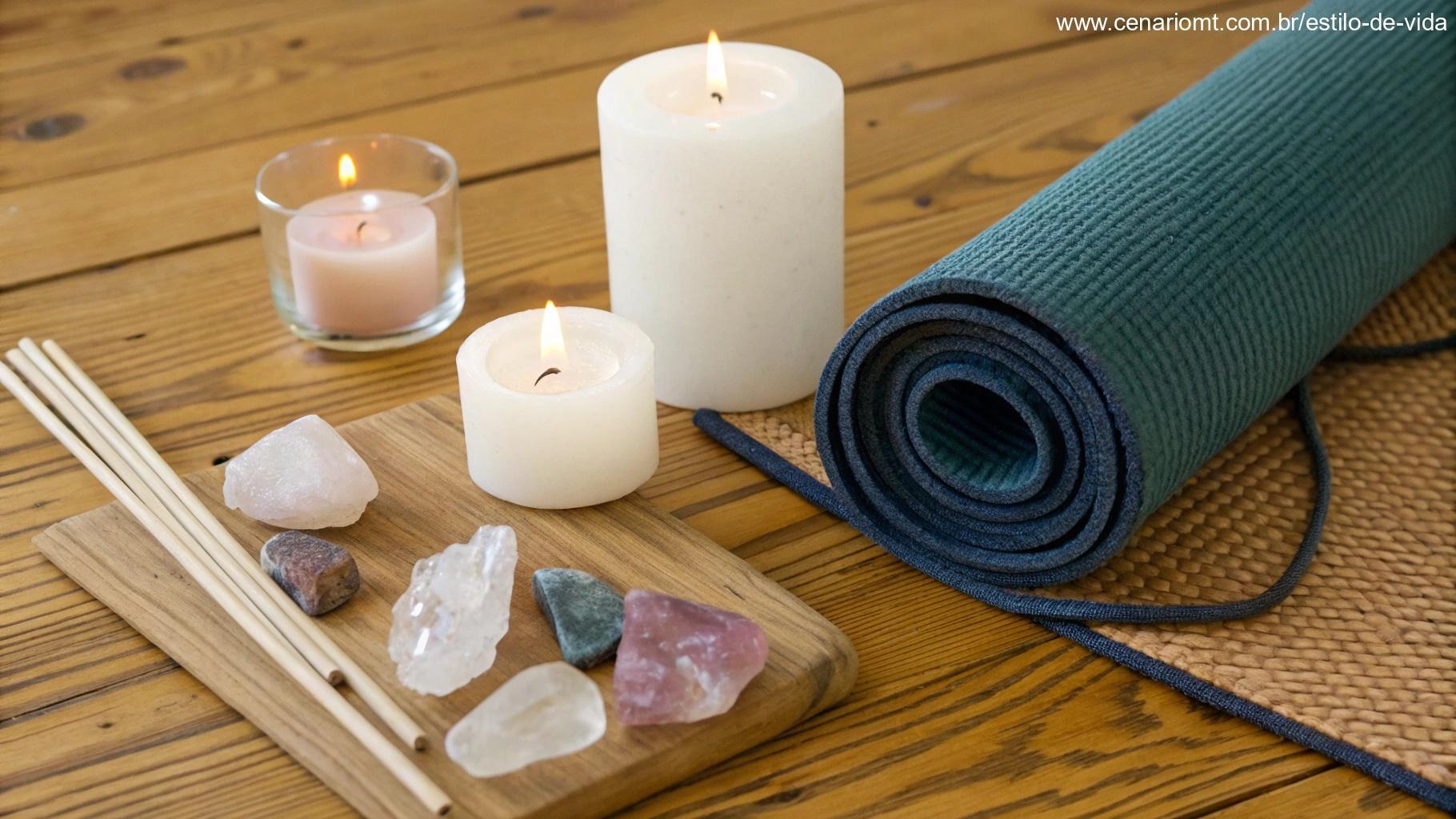 Coleção de ferramentas de meditação como velas, cristais e um tapete de yoga organizados em uma superfície de madeira
