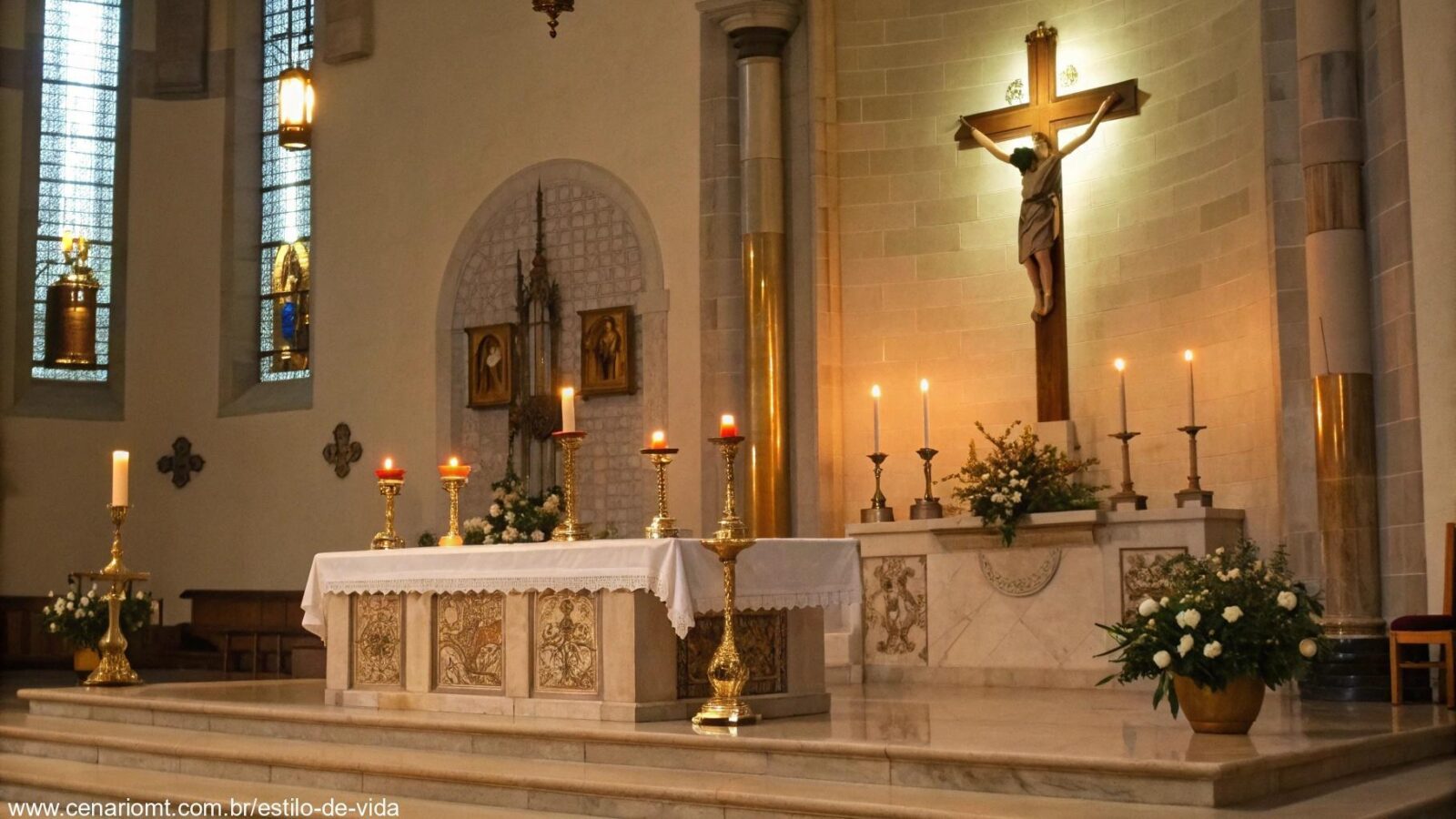 Cena tranquila de um altar de igreja com iluminação suave, velas e símbolos religiosos, simbolizando uma atmosfera espiritual para a reflexão litúrgica.