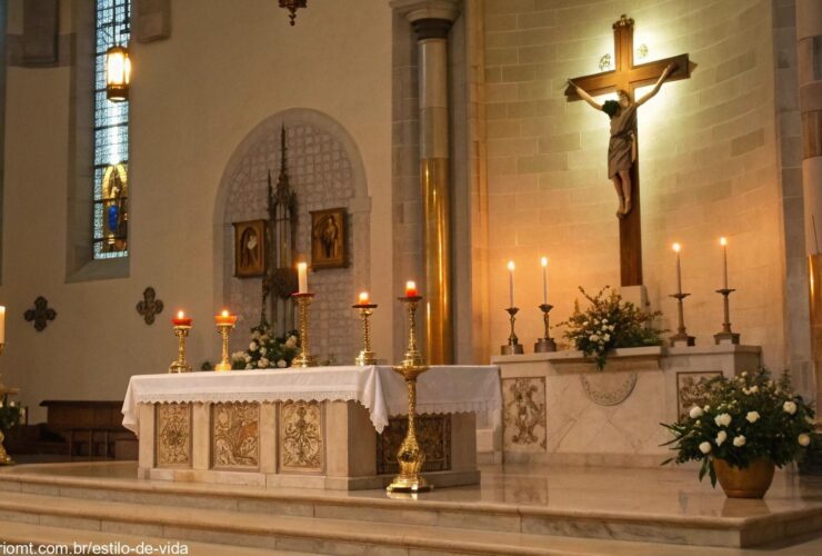Cena tranquila de um altar de igreja com iluminação suave, velas e símbolos religiosos, simbolizando uma atmosfera espiritual para a reflexão litúrgica.