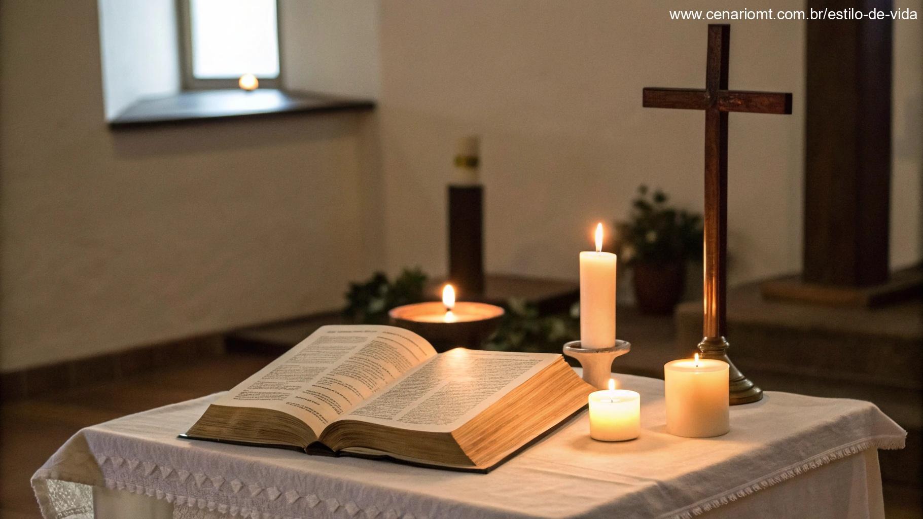 Altar sereno com Bíblia aberta e cruz, iluminado por velas suaves