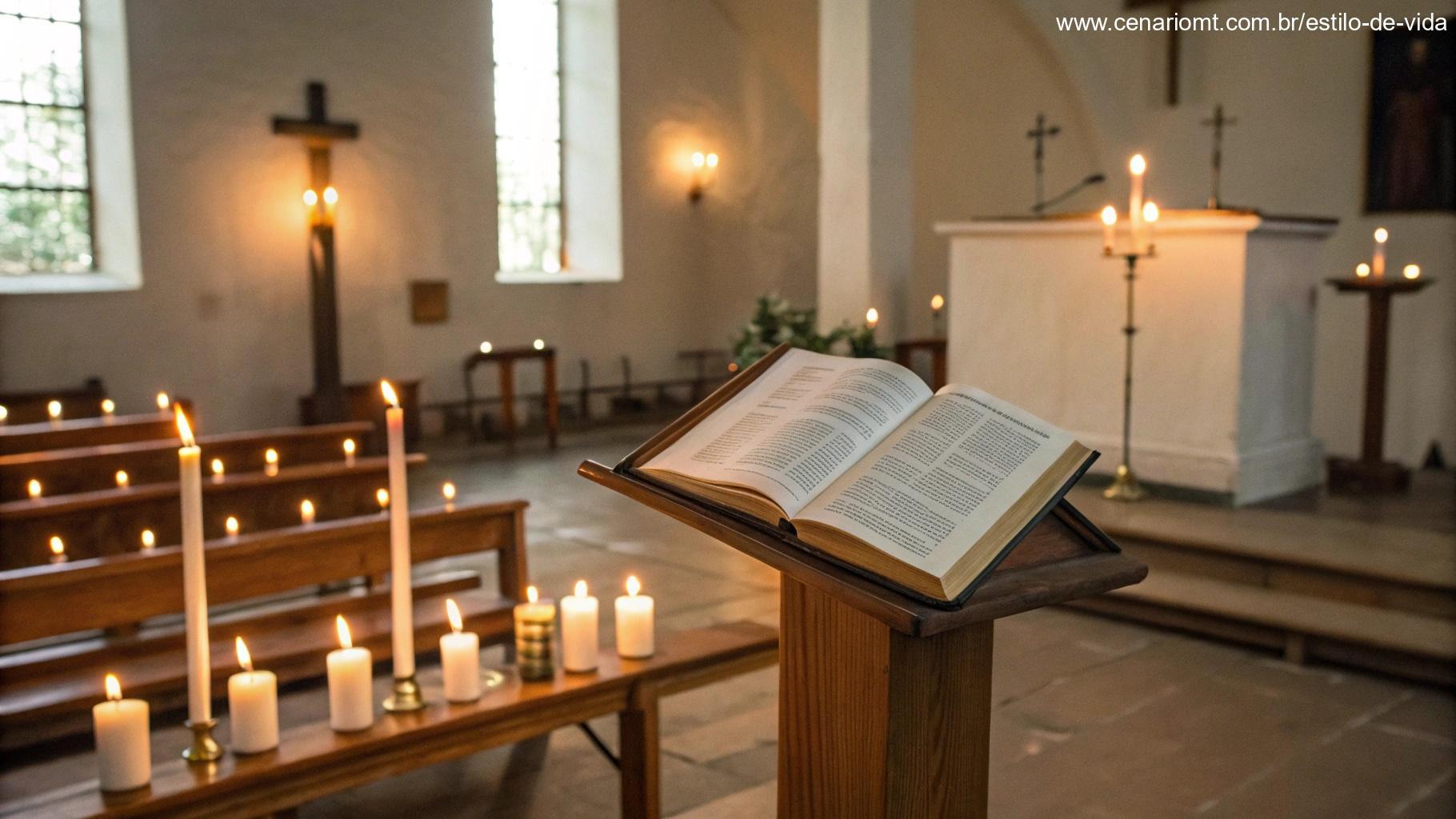 Capela tranquila com velas acesas e uma Bíblia aberta sobre um suporte de madeira.